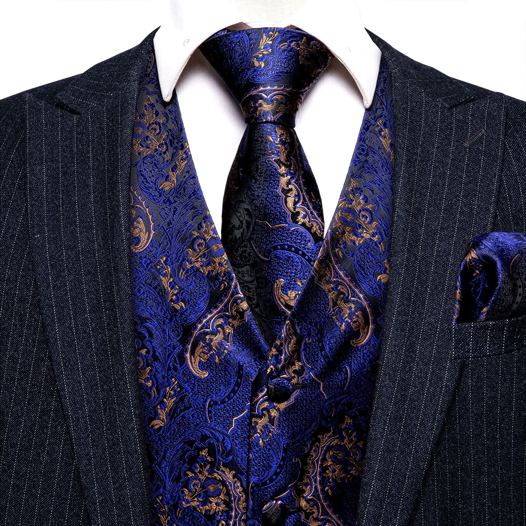 Royal Blue Brown Paisley Jacquard Silk Men's Vest Hanky Cufflinks Tie Set