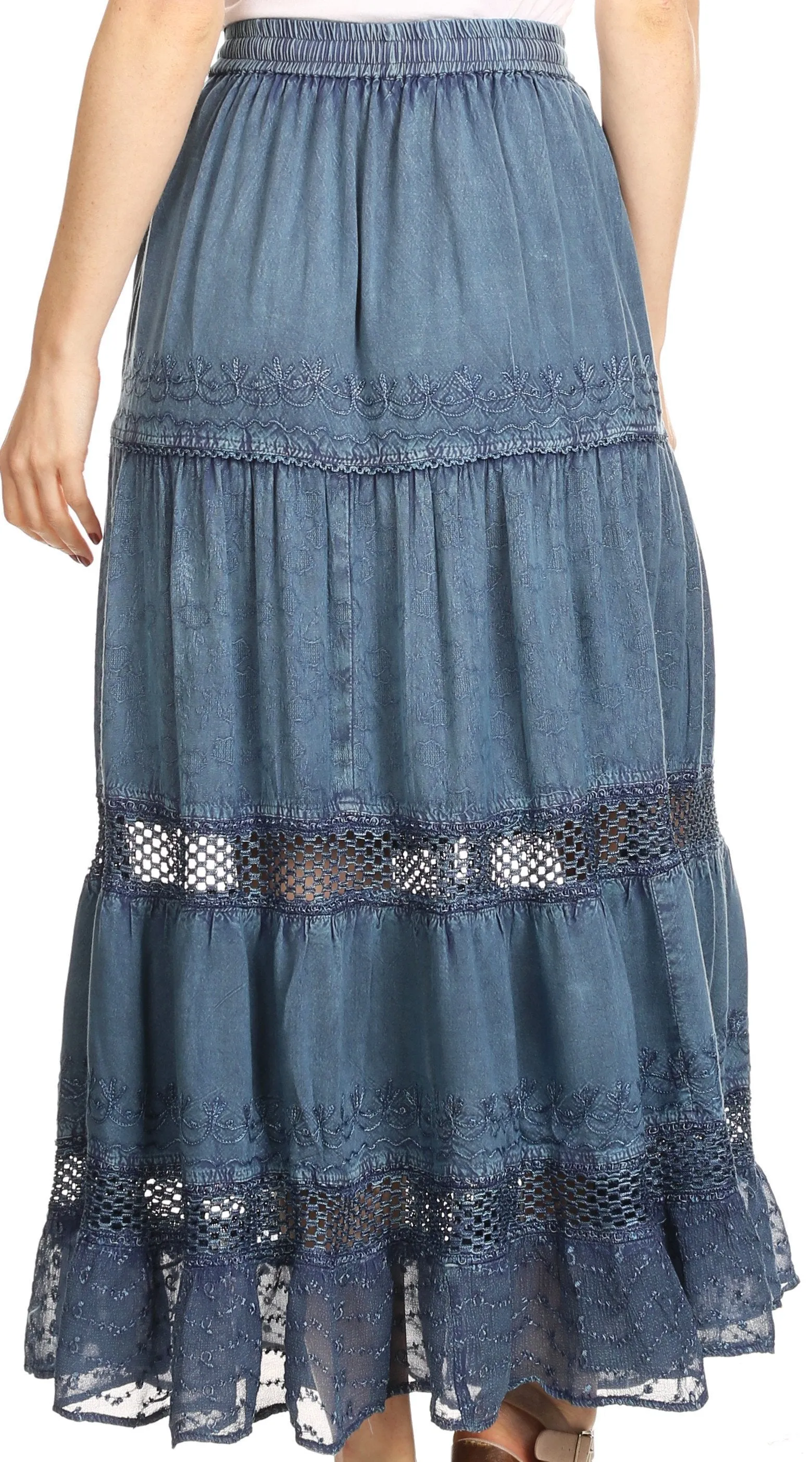 Sakkas Salina Boho Maxi Skirt with Embroidery and Crochet Lace  Adjustable Waist