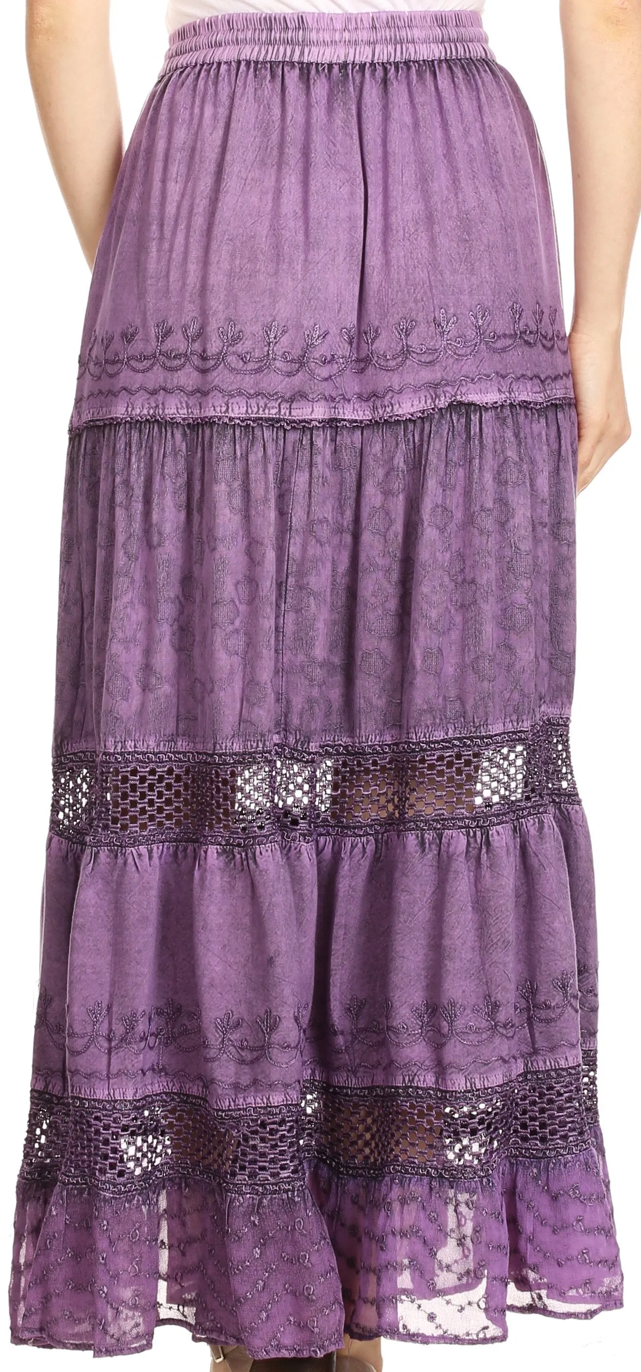 Sakkas Salina Boho Maxi Skirt with Embroidery and Crochet Lace  Adjustable Waist