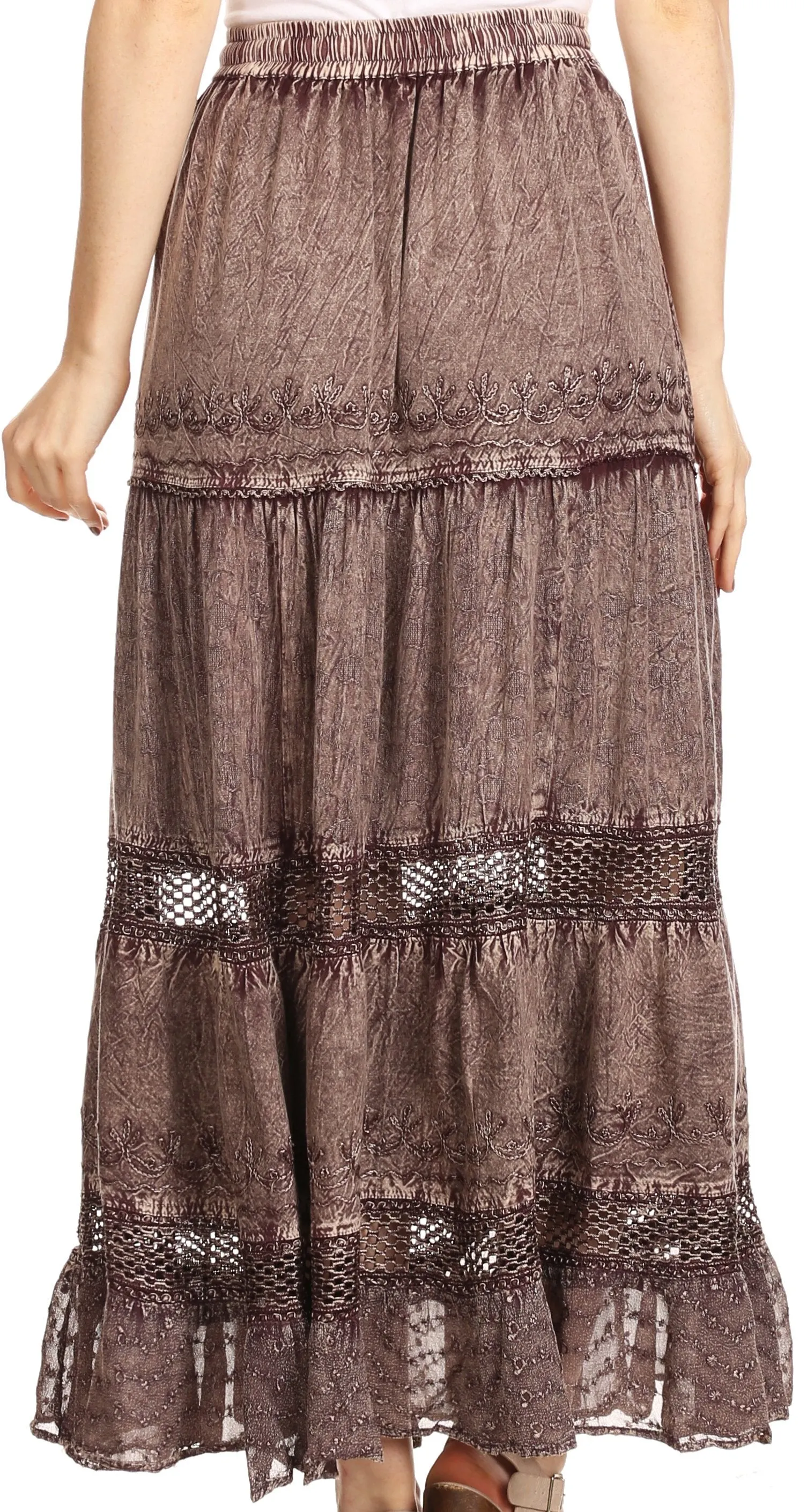 Sakkas Salina Boho Maxi Skirt with Embroidery and Crochet Lace  Adjustable Waist