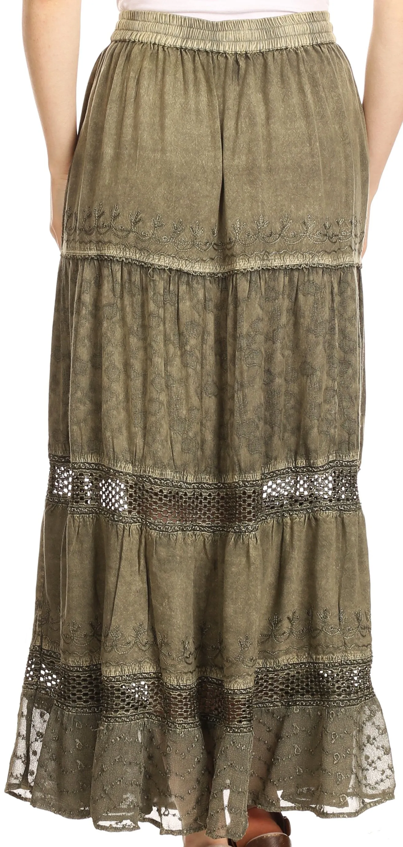 Sakkas Salina Boho Maxi Skirt with Embroidery and Crochet Lace  Adjustable Waist