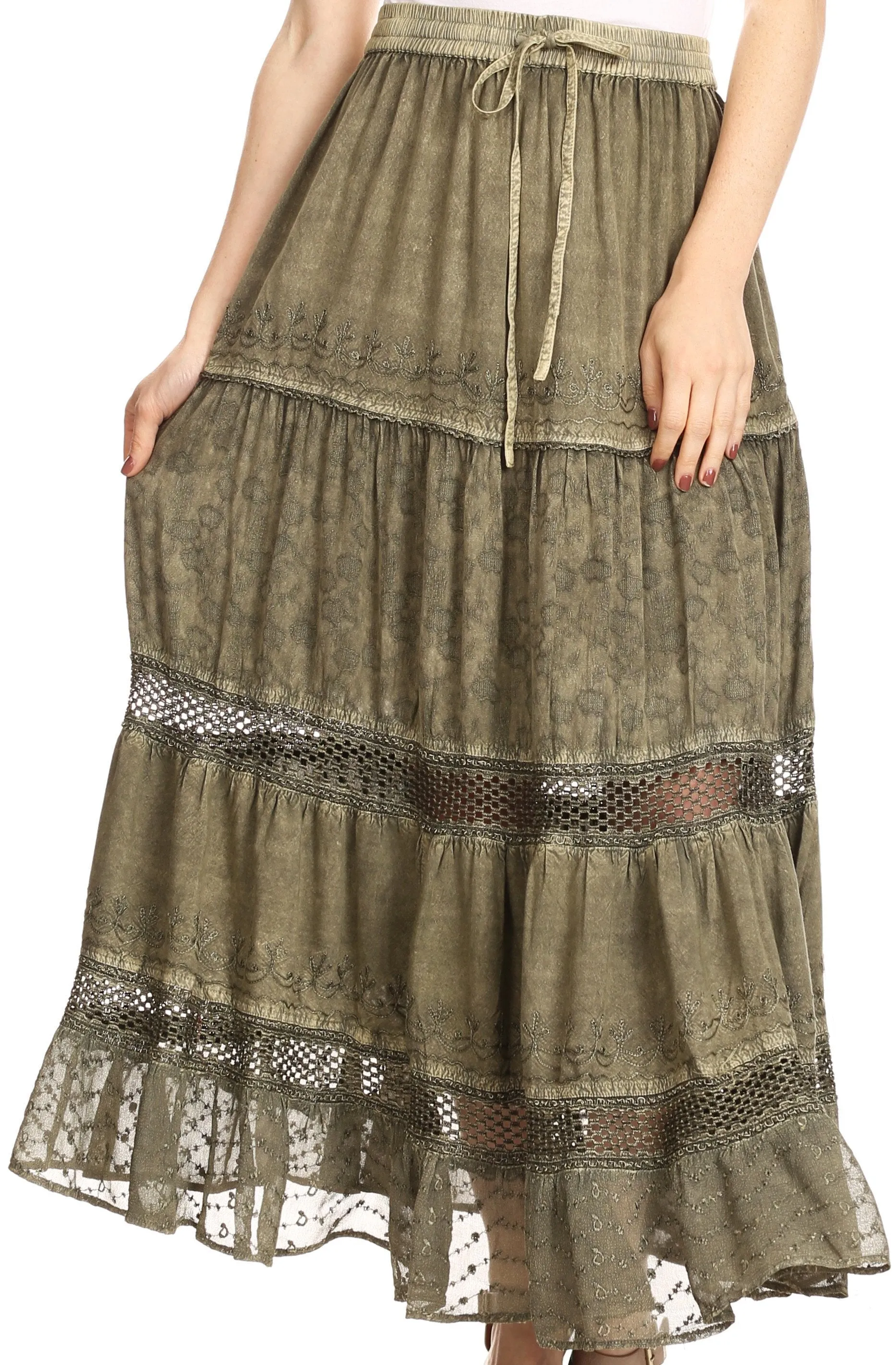 Sakkas Salina Boho Maxi Skirt with Embroidery and Crochet Lace  Adjustable Waist