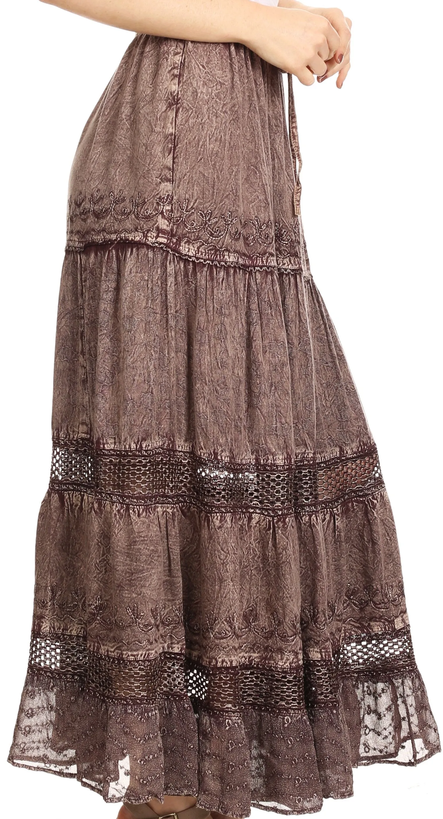 Sakkas Salina Boho Maxi Skirt with Embroidery and Crochet Lace  Adjustable Waist