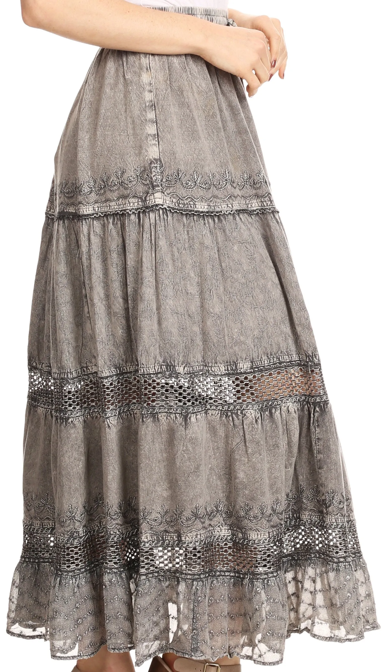 Sakkas Salina Boho Maxi Skirt with Embroidery and Crochet Lace  Adjustable Waist