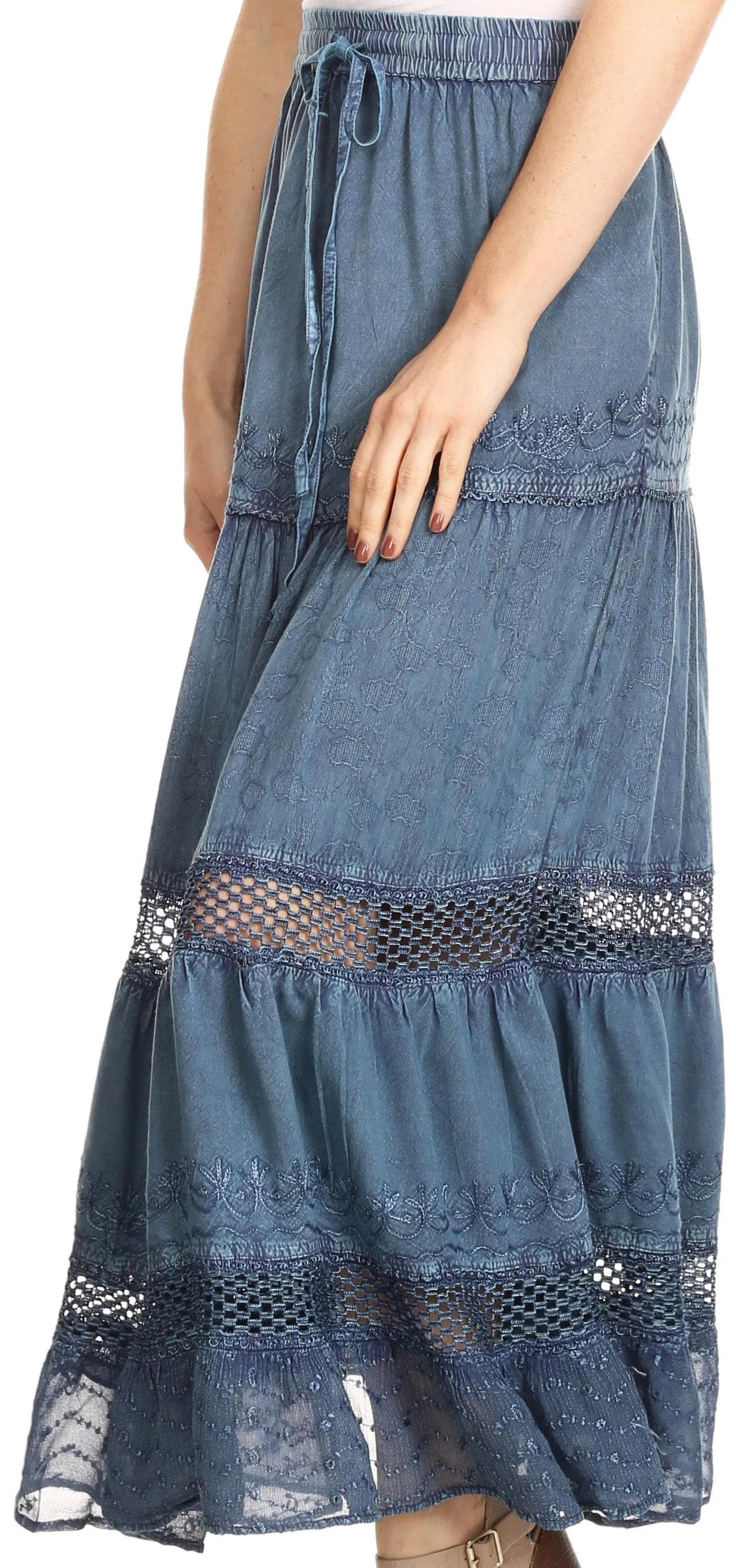 Sakkas Salina Boho Maxi Skirt with Embroidery and Crochet Lace  Adjustable Waist