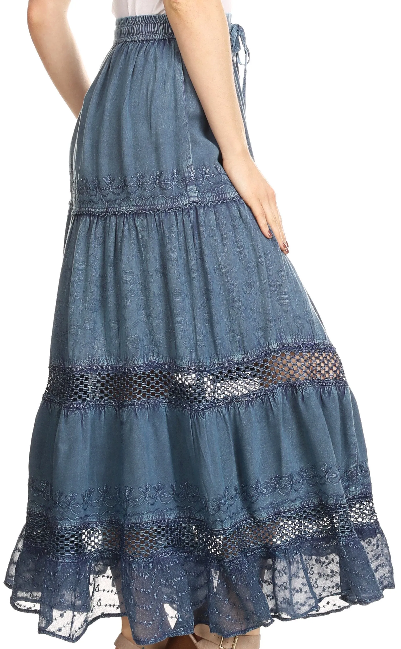 Sakkas Salina Boho Maxi Skirt with Embroidery and Crochet Lace  Adjustable Waist