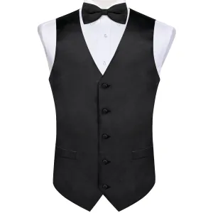 Satin Black Solid Men's Vest Bow Tie Set