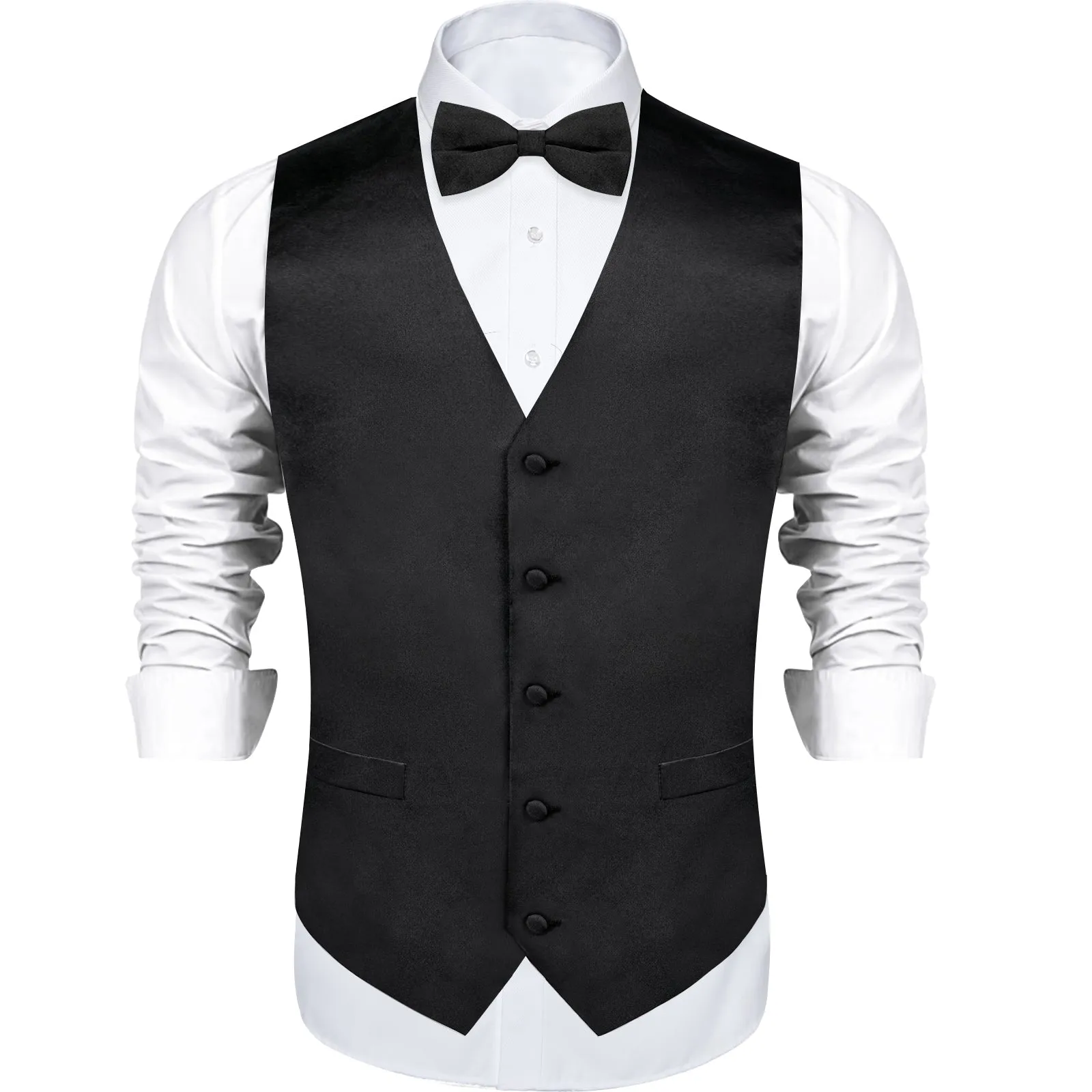 Satin Black Solid Men's Vest Bow Tie Set