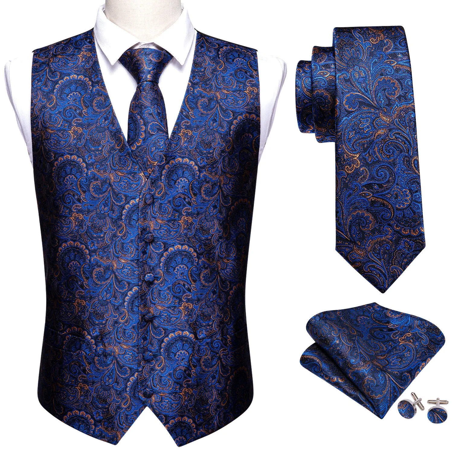 Shining Blue Floral Silk Men's Vest Tie Hanky Cufflinks Set Waistcoat Suit Set