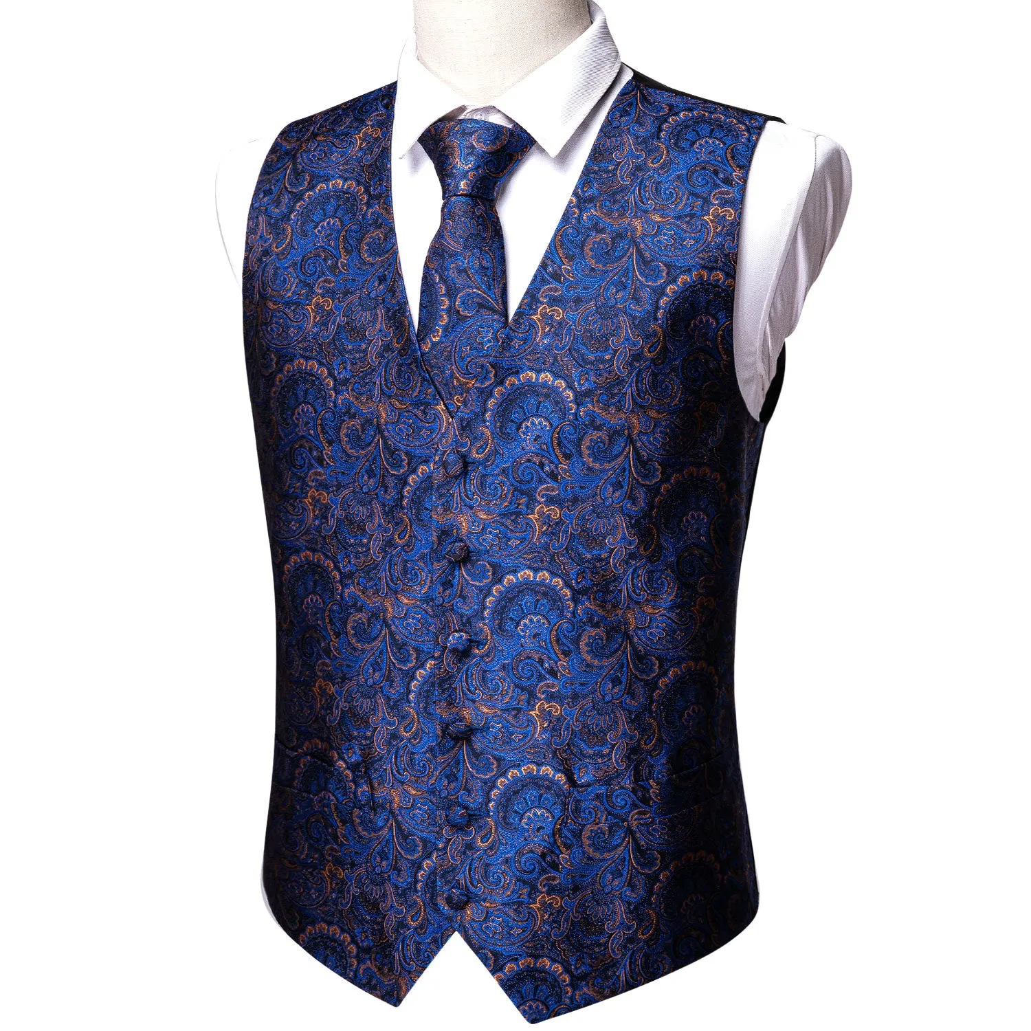 Shining Blue Floral Silk Men's Vest Tie Hanky Cufflinks Set Waistcoat Suit Set