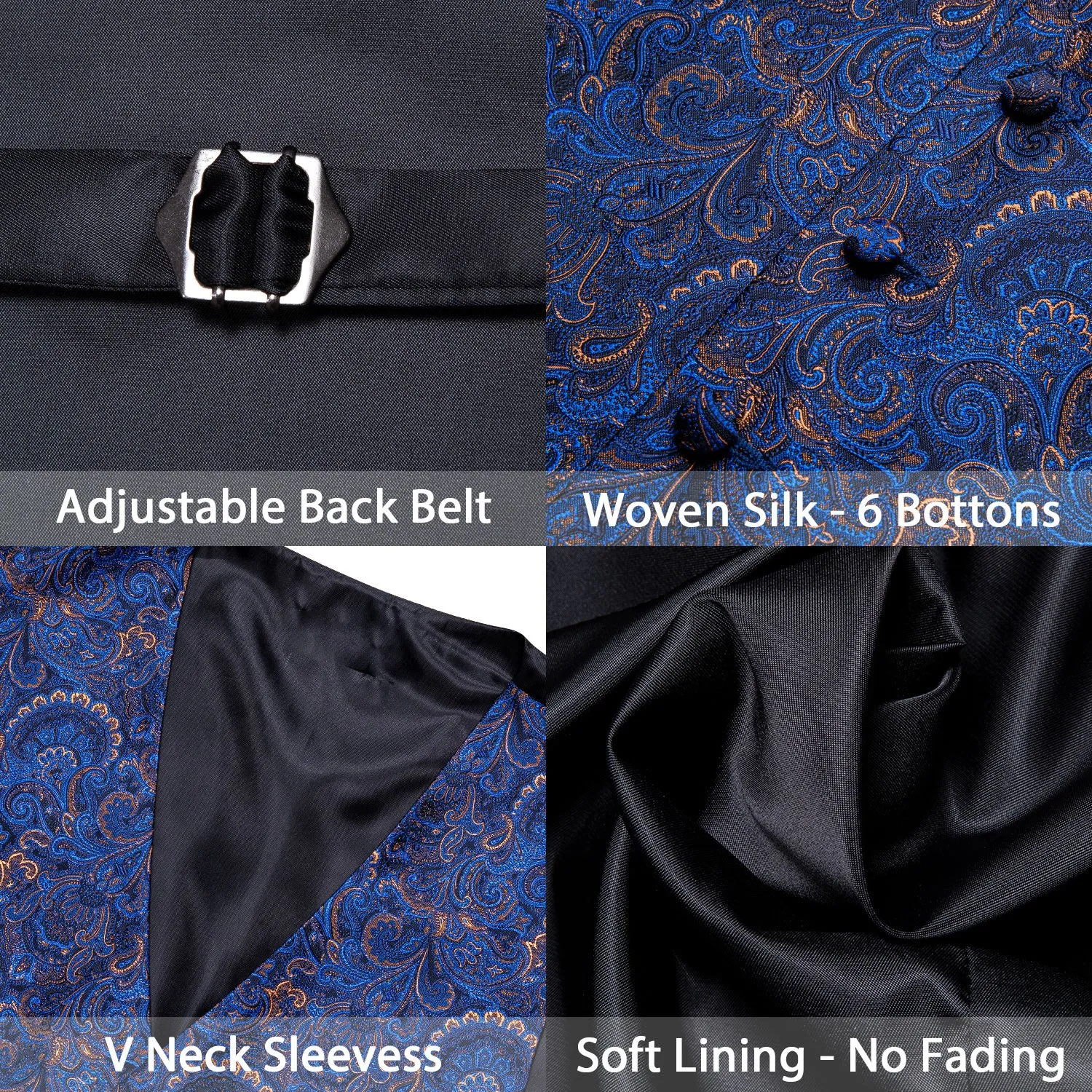 Shining Blue Floral Silk Men's Vest Tie Hanky Cufflinks Set Waistcoat Suit Set