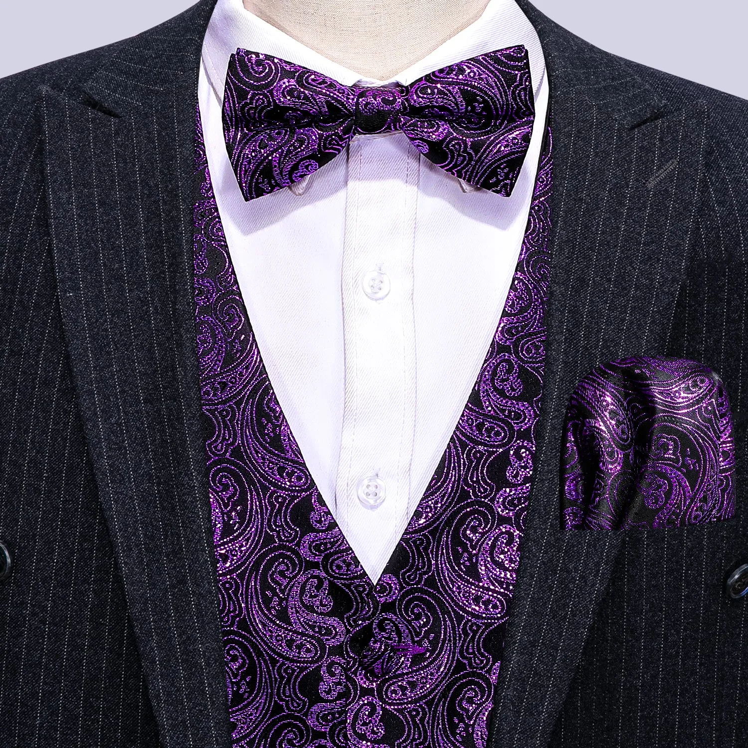 Shining Deep Purple Paisley Silk Men's Vest Bow Tie Handkerchief Cufflinks Set Waistcoat Suit Set