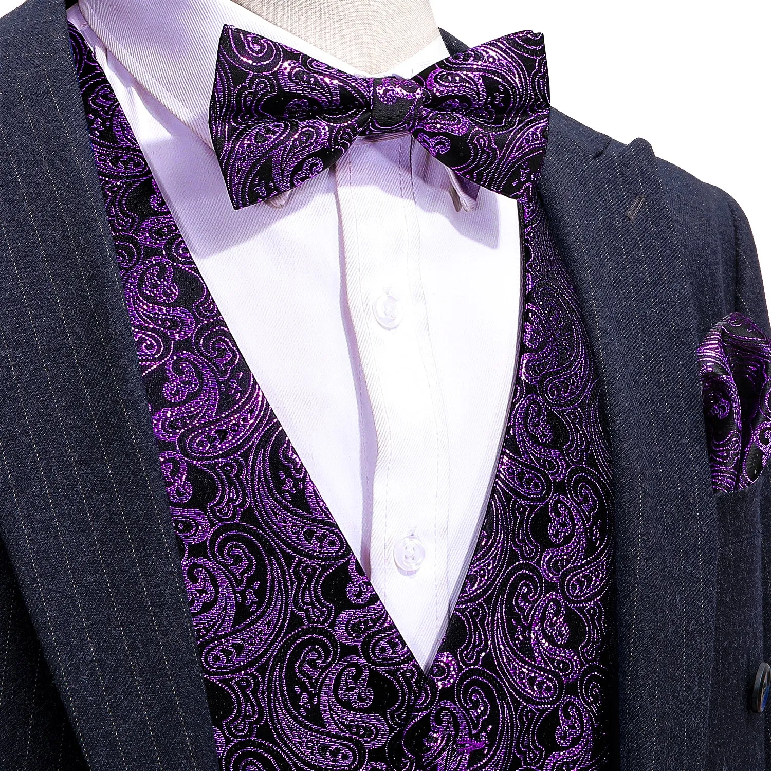 Shining Deep Purple Paisley Silk Men's Vest Bow Tie Handkerchief Cufflinks Set Waistcoat Suit Set