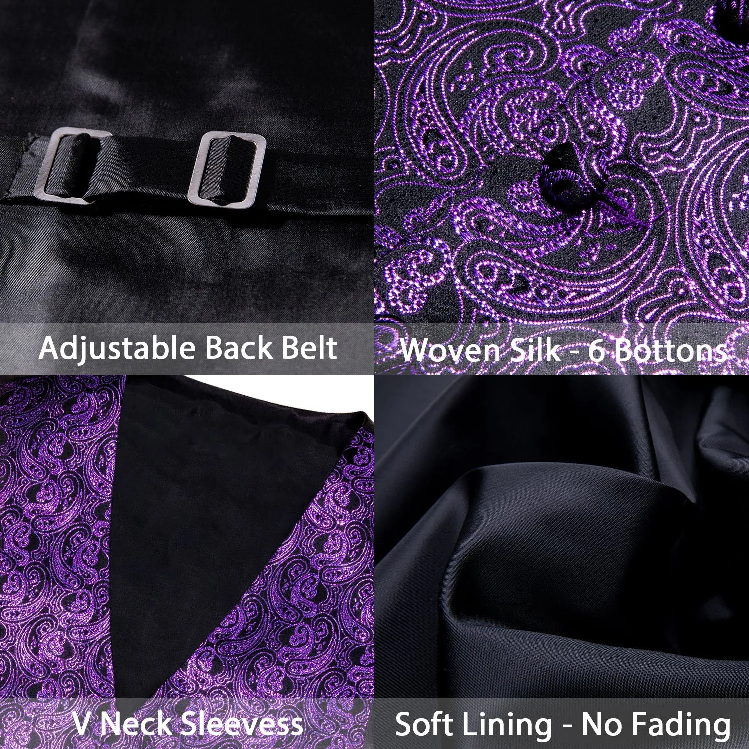 Shining Deep Purple Paisley Silk Men's Vest Bow Tie Handkerchief Cufflinks Set Waistcoat Suit Set