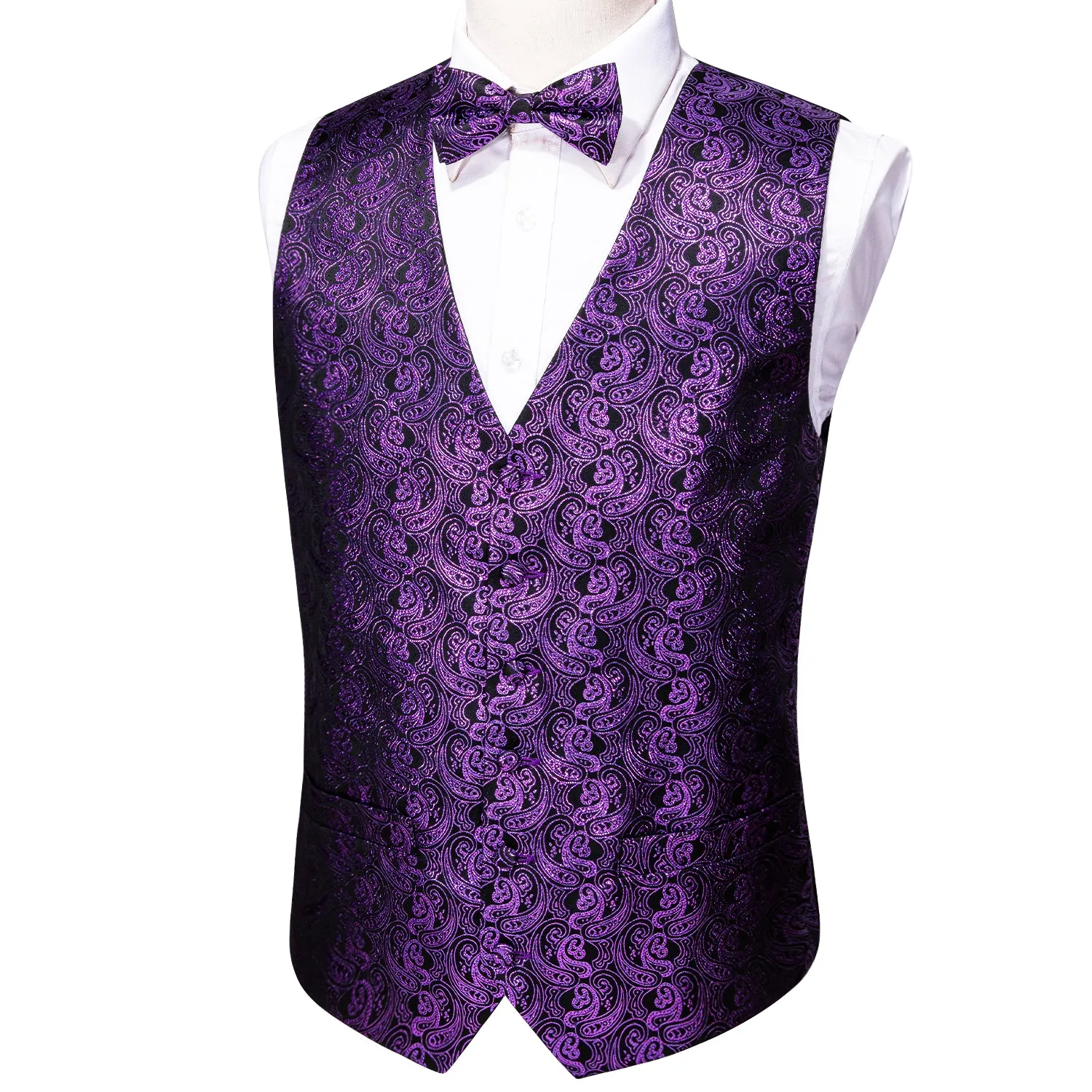 Shining Deep Purple Paisley Silk Men's Vest Bow Tie Handkerchief Cufflinks Set Waistcoat Suit Set