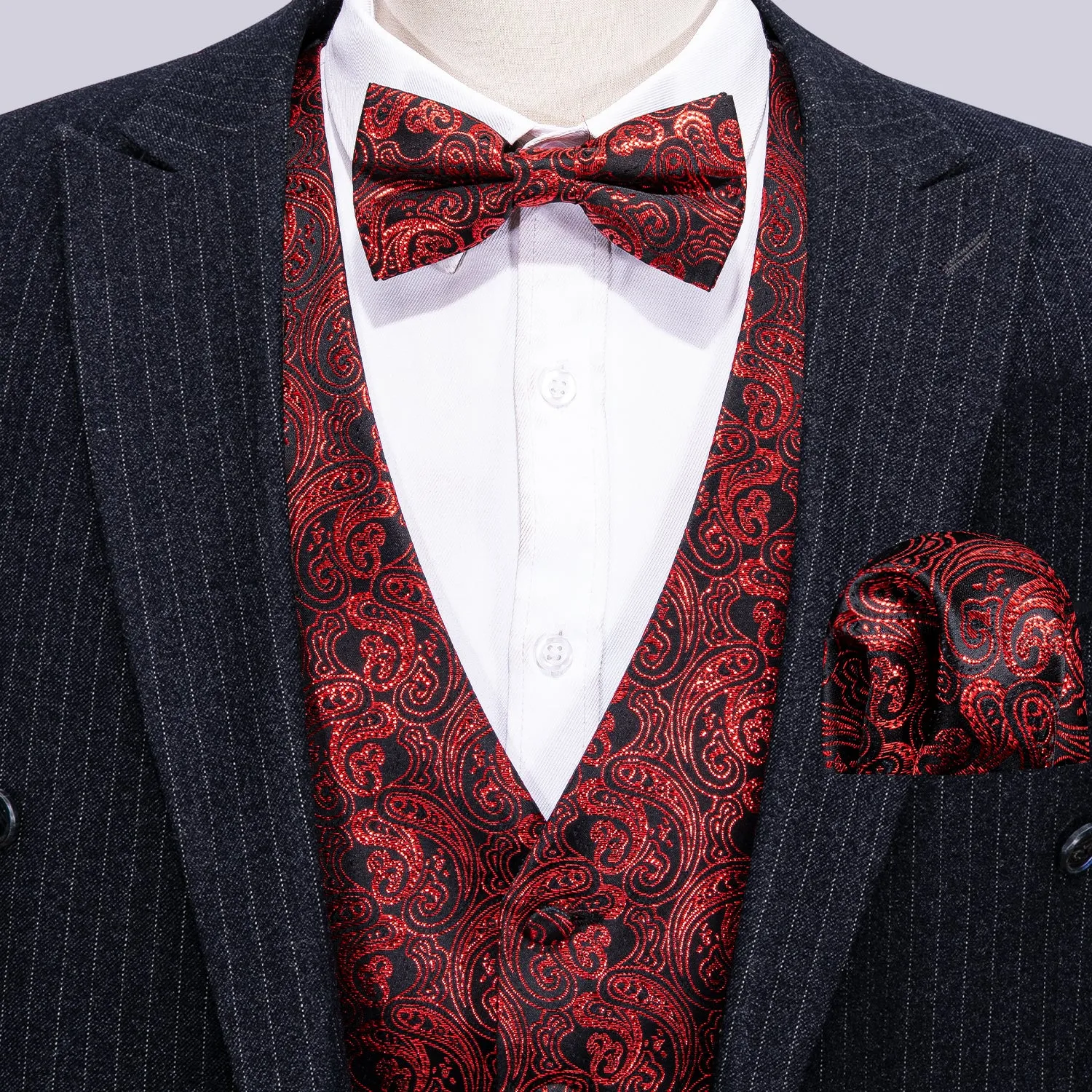 Shining Red Paisley Silk Men's Vest Bow Tie Handkerchief Cufflinks Set Waistcoat Suit Set