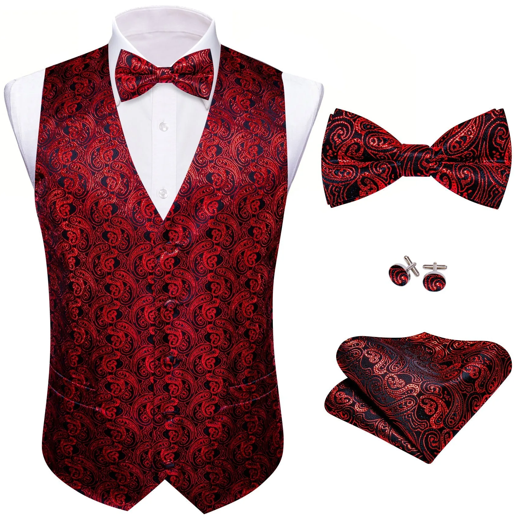 Shining Red Paisley Silk Men's Vest Bow Tie Handkerchief Cufflinks Set Waistcoat Suit Set