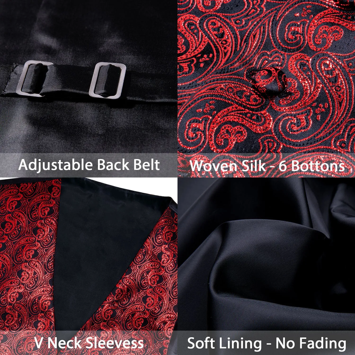 Shining Red Paisley Silk Men's Vest Bow Tie Handkerchief Cufflinks Set Waistcoat Suit Set