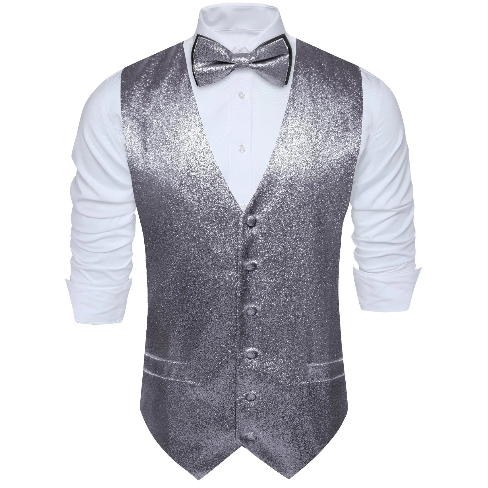 Shining Silver Solid Silk Men's Vest Bow Tie Set Waistcoat Suit Set