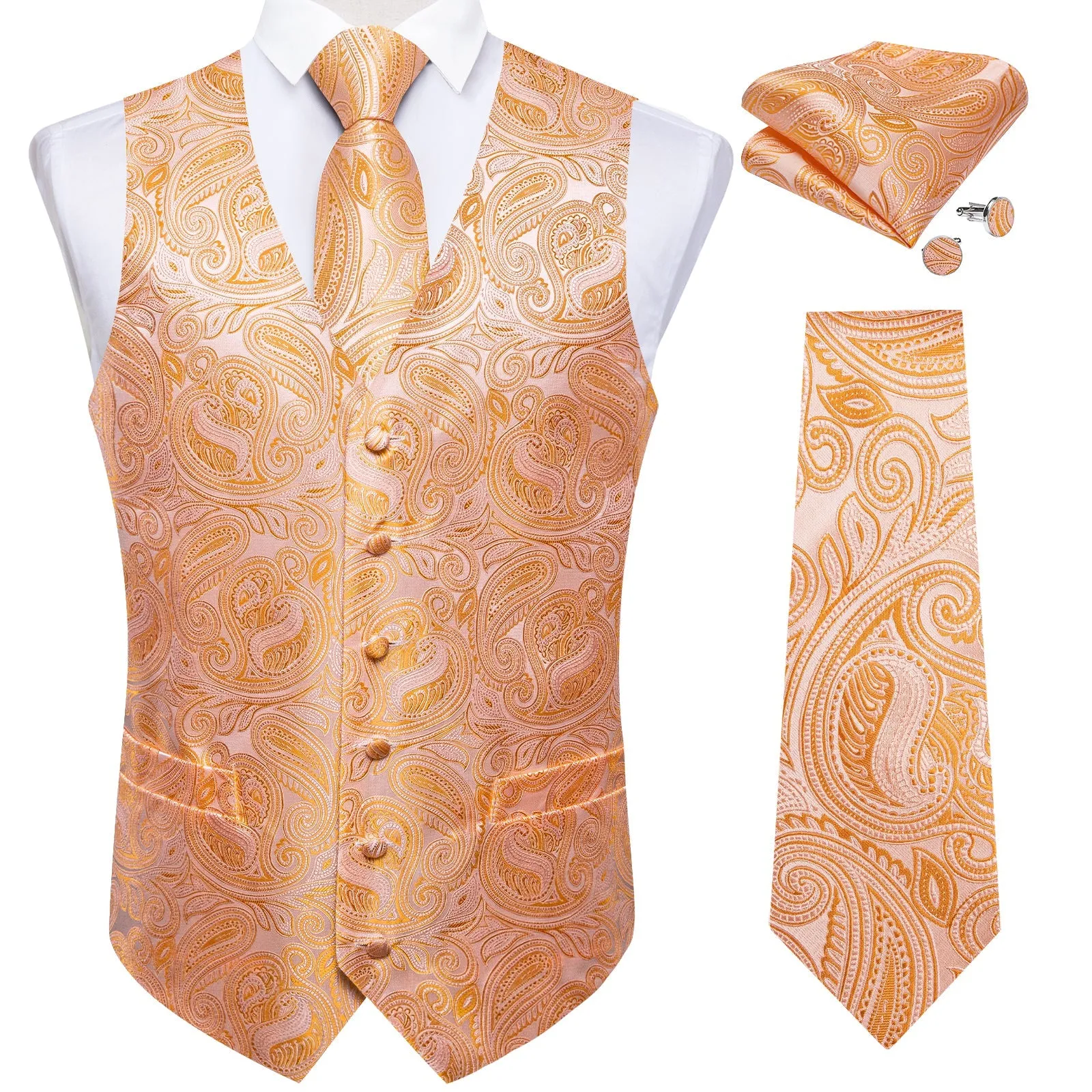 Shiny Orange Paisley Luxury Men's Formal Vest Necktie Hanky Cufflinks Set For Suit Or Tuxedo