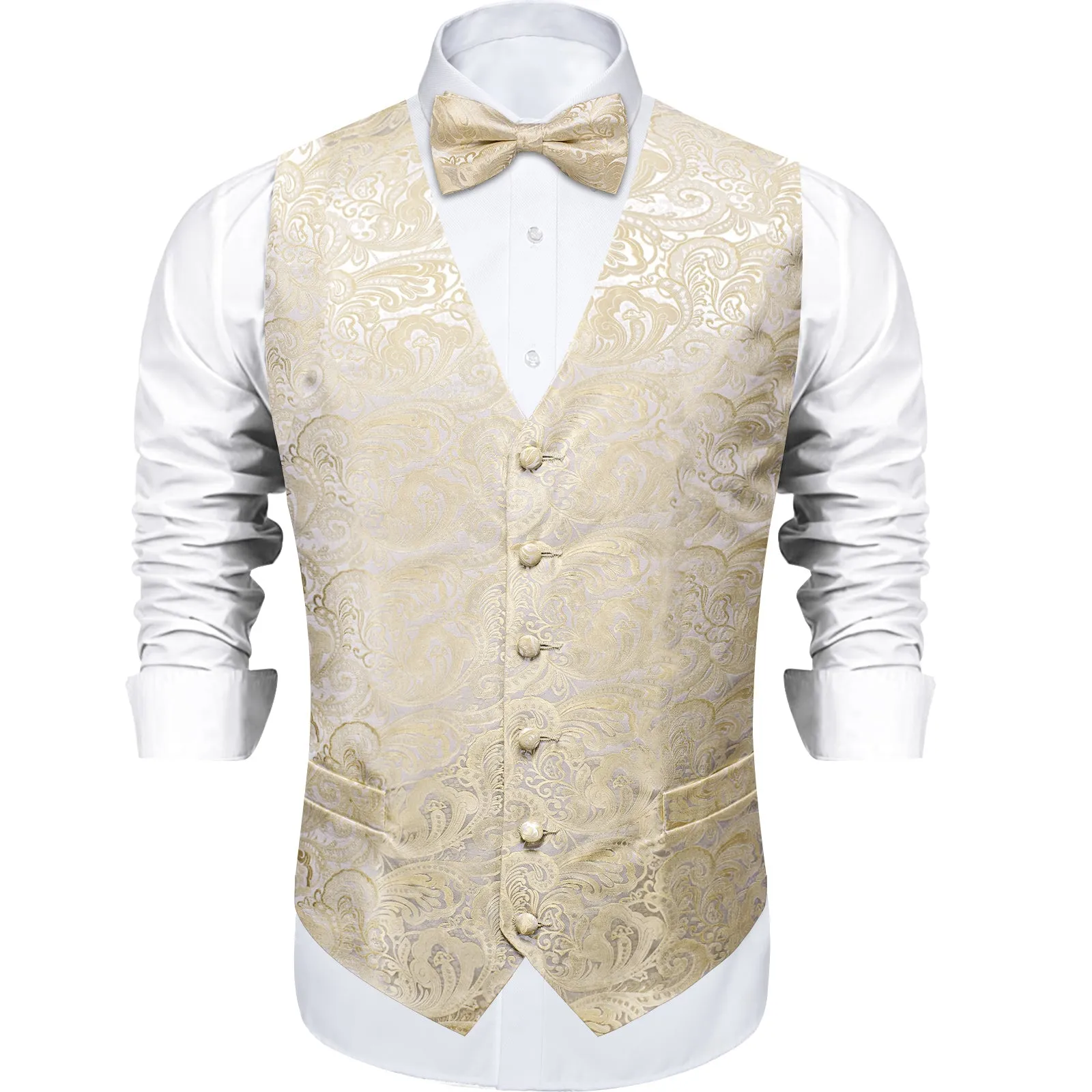 Silver Champagne Paisley Jacquard Silk Men's Vest Bow Tie Handkerchief Cufflinks Set