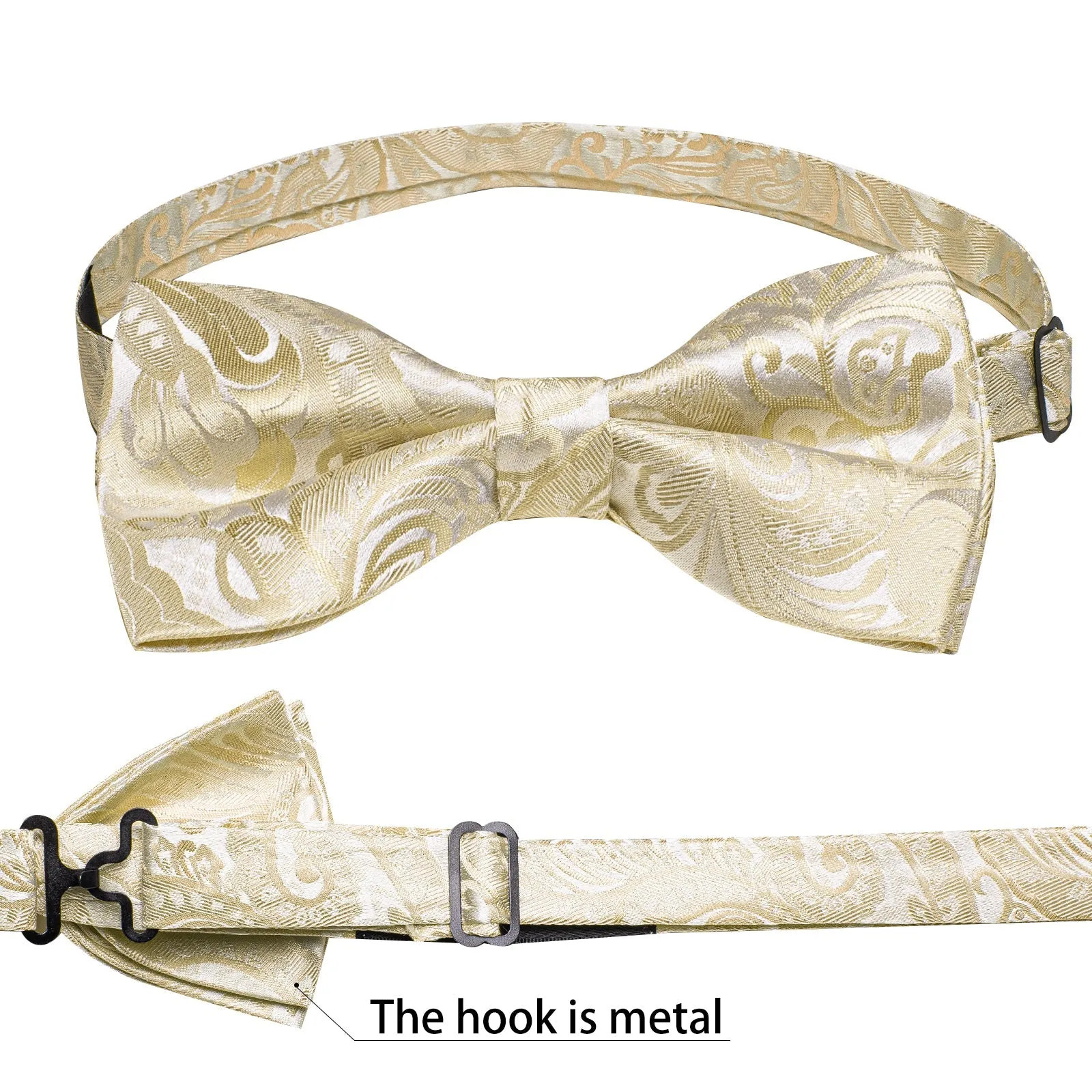 Silver Champagne Paisley Jacquard Silk Men's Vest Bow Tie Handkerchief Cufflinks Set