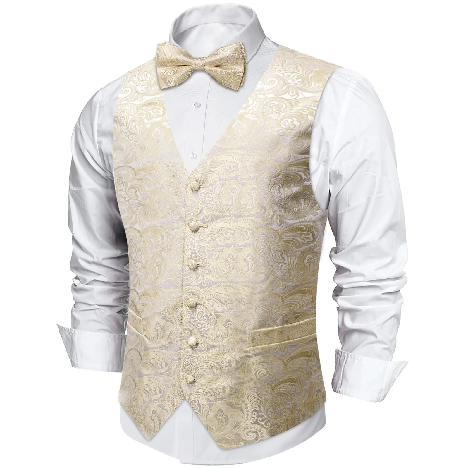 Silver Champagne Paisley Jacquard Silk Men's Vest Bow Tie Handkerchief Cufflinks Set