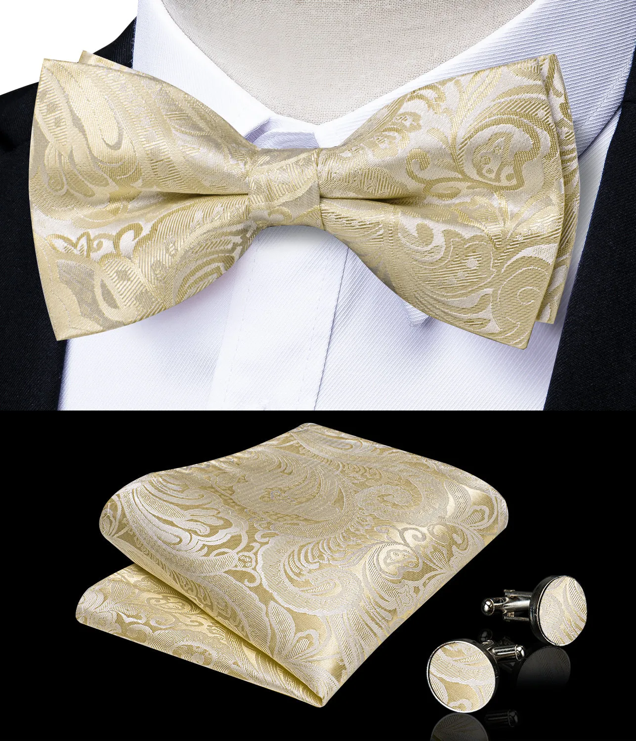 Silver Champagne Paisley Jacquard Silk Men's Vest Bow Tie Handkerchief Cufflinks Set