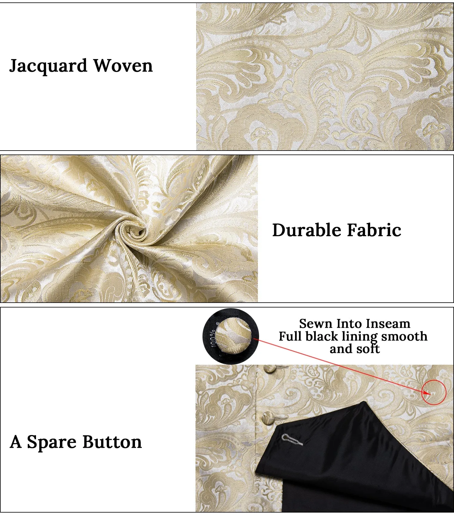 Silver Champagne Paisley Jacquard Silk Men's Vest Bow Tie Handkerchief Cufflinks Set