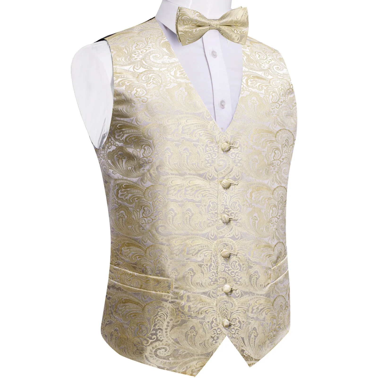 Silver Champagne Paisley Jacquard Silk Men's Vest Bow Tie Handkerchief Cufflinks Set