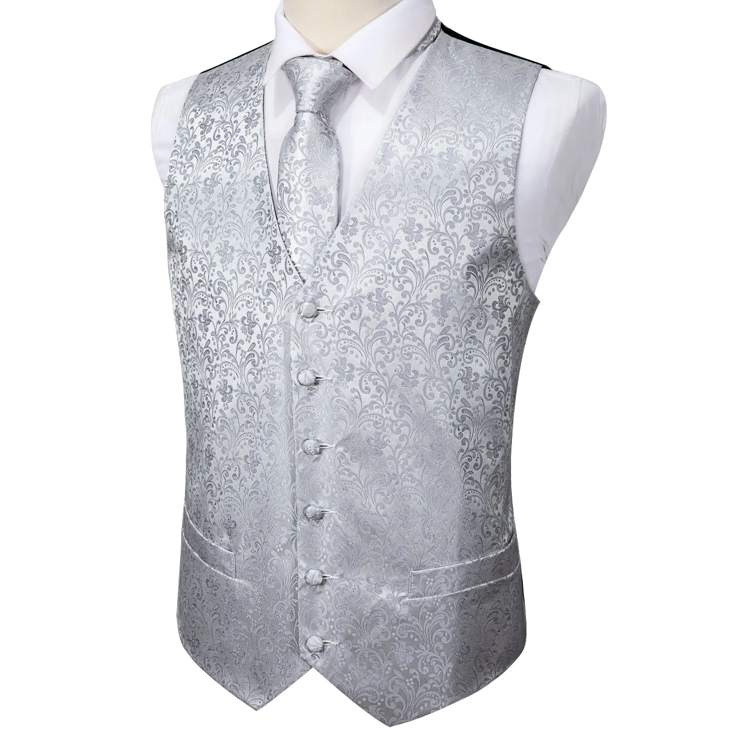 Silver Grey Floral Jacquard Silk Men's Vest Hanky Cufflinks Tie Set