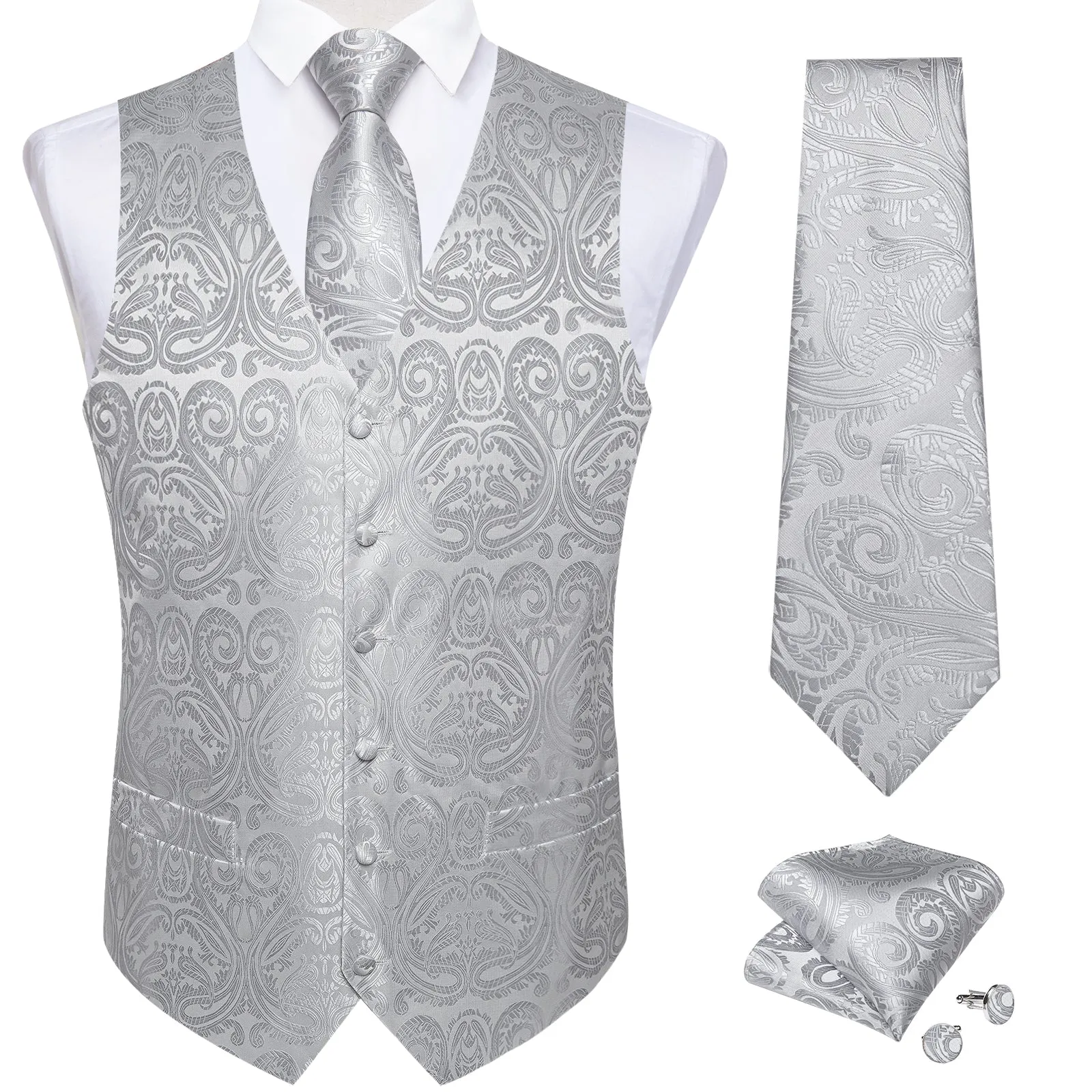 Silver Grey Paisley Jacquard Silk Men's Vest Hanky Cufflinks Tie Set