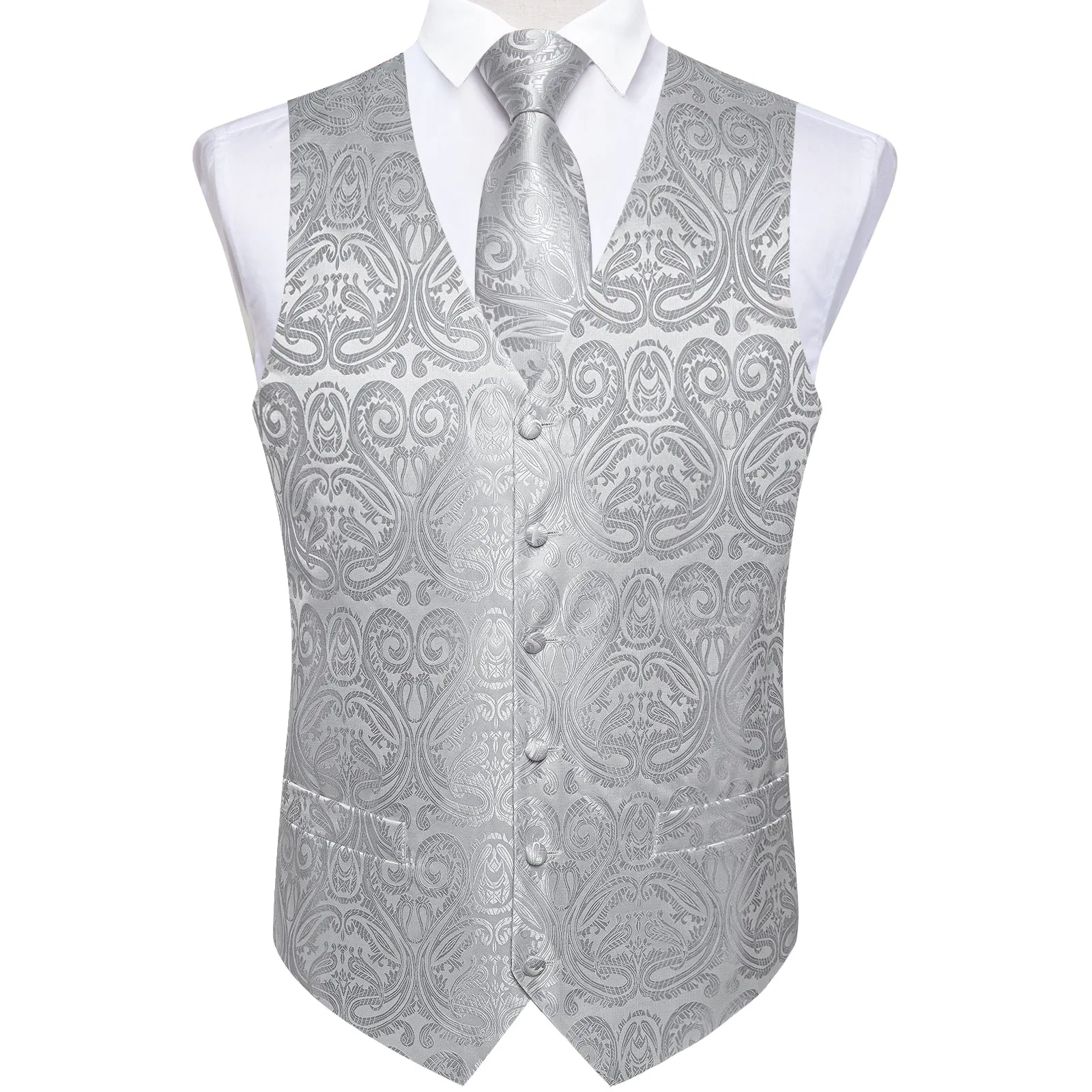 Silver Grey Paisley Jacquard Silk Men's Vest Hanky Cufflinks Tie Set