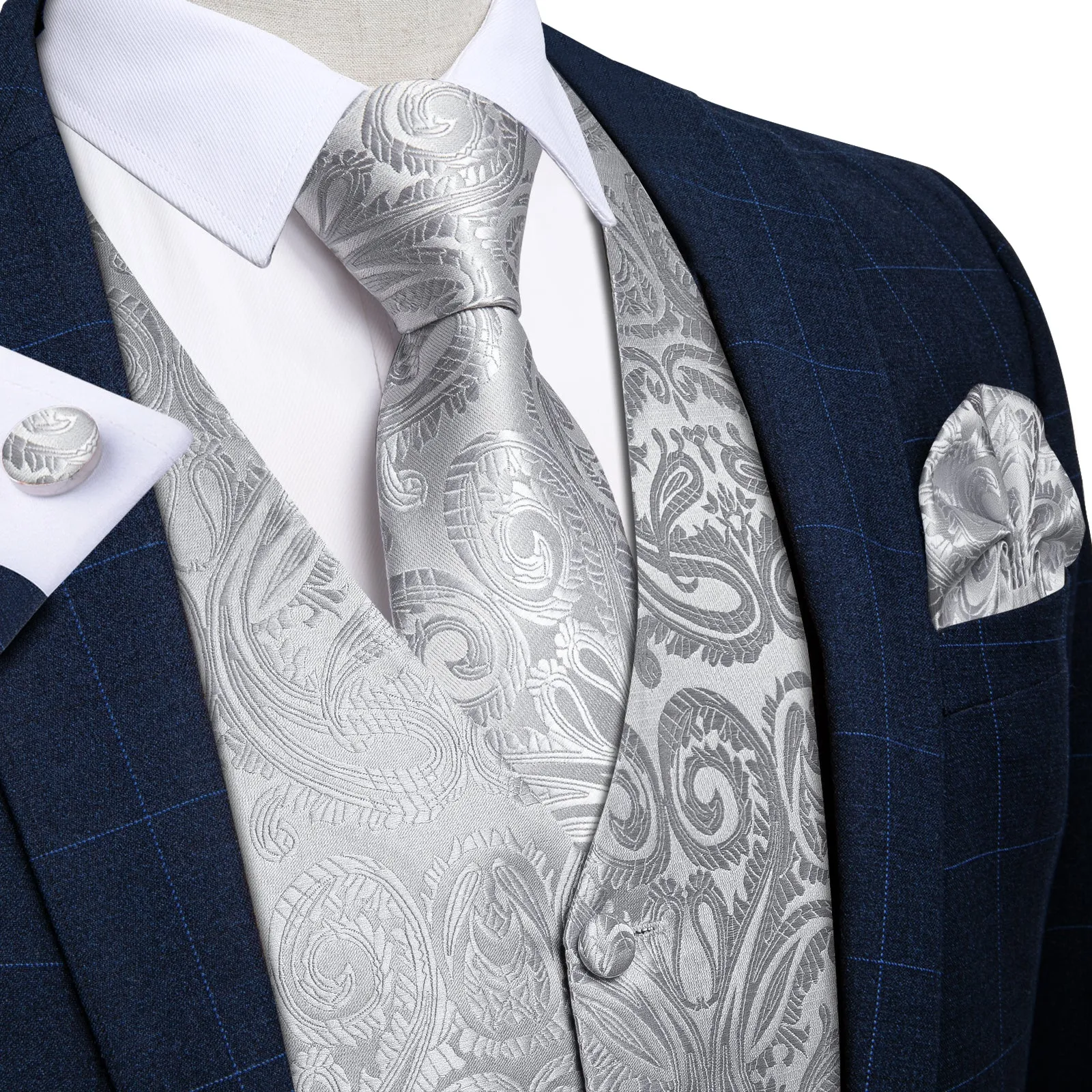 Silver Grey Paisley Jacquard Silk Men's Vest Hanky Cufflinks Tie Set