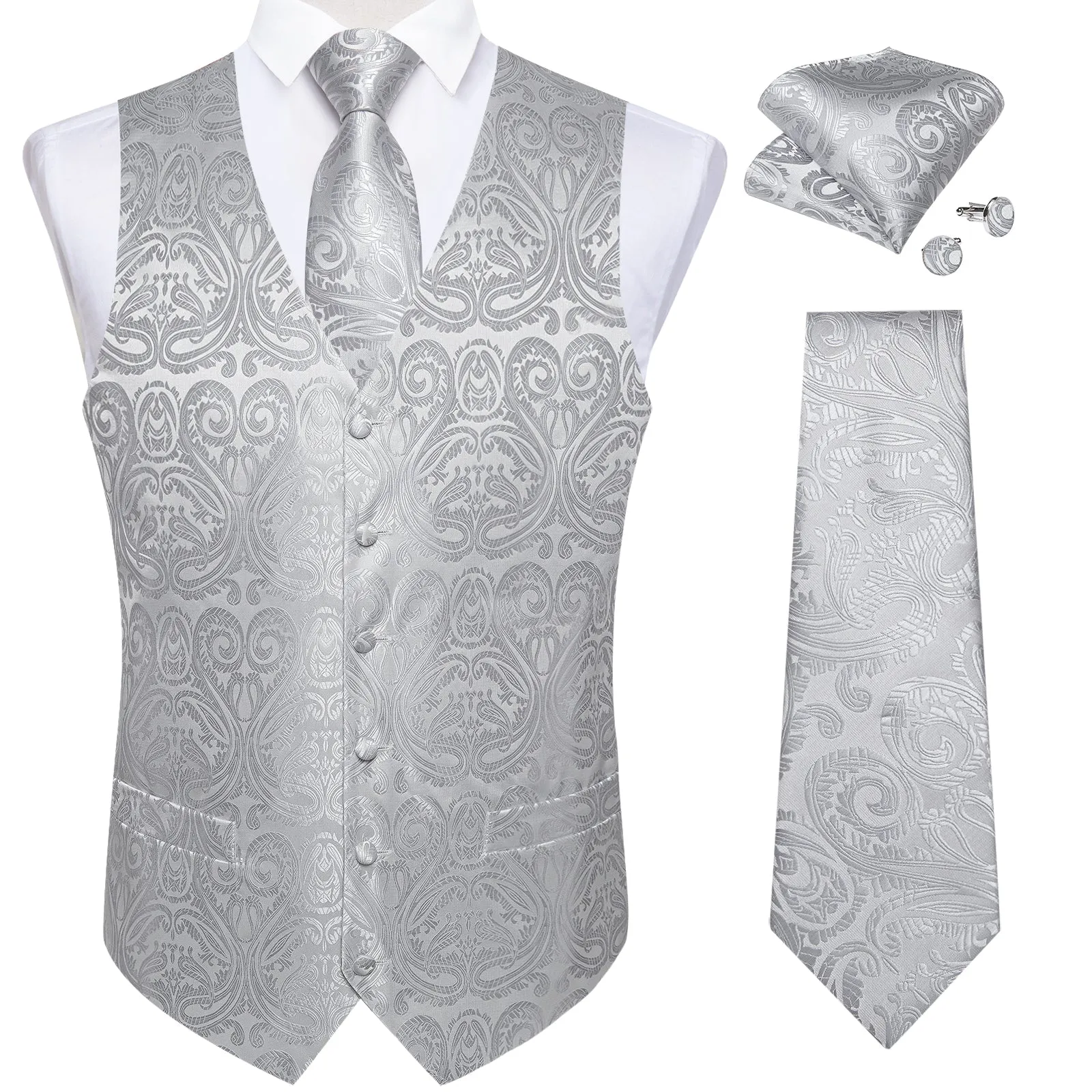 Silver Grey Paisley Jacquard Silk Men's Vest Hanky Cufflinks Tie Set