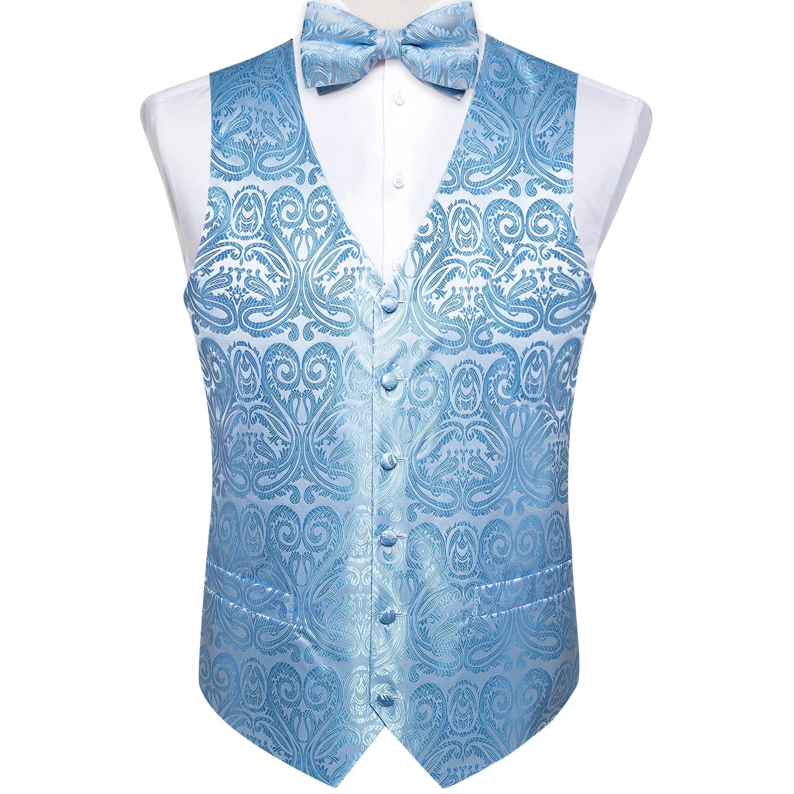 Sky Blue Paisley Jacquard Silk Men's Vest Hanky Cufflinks Necktie Bowtie Set