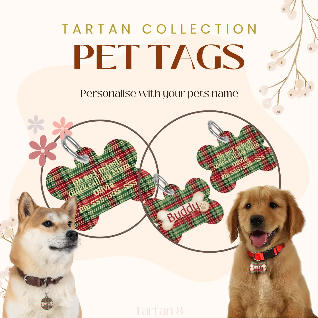 Tartan Collection 19 - Pet Tag Round and Bone Shape, Bandana, Lead, Dinner Bowl, Pet Bed