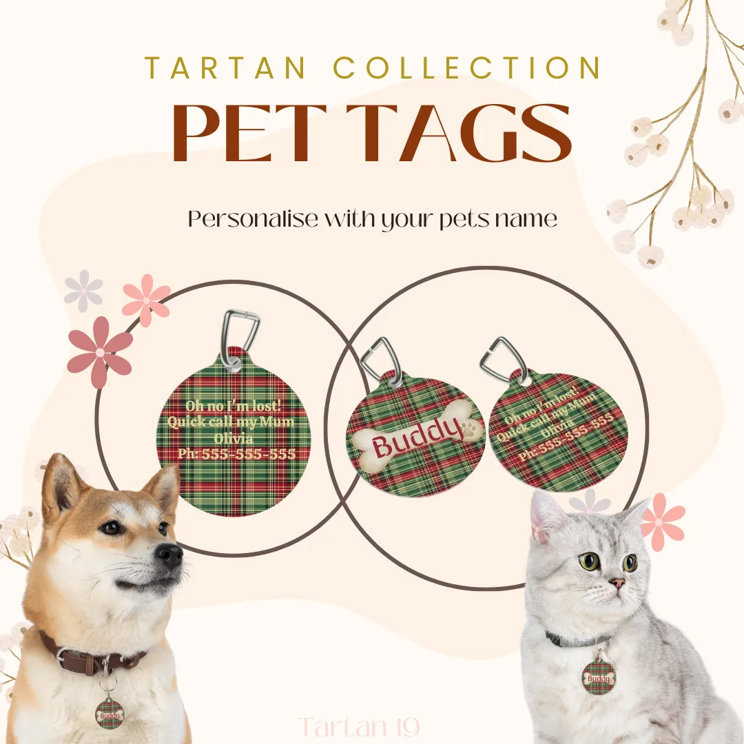 Tartan Collection 19 - Pet Tag Round and Bone Shape, Bandana, Lead, Dinner Bowl, Pet Bed