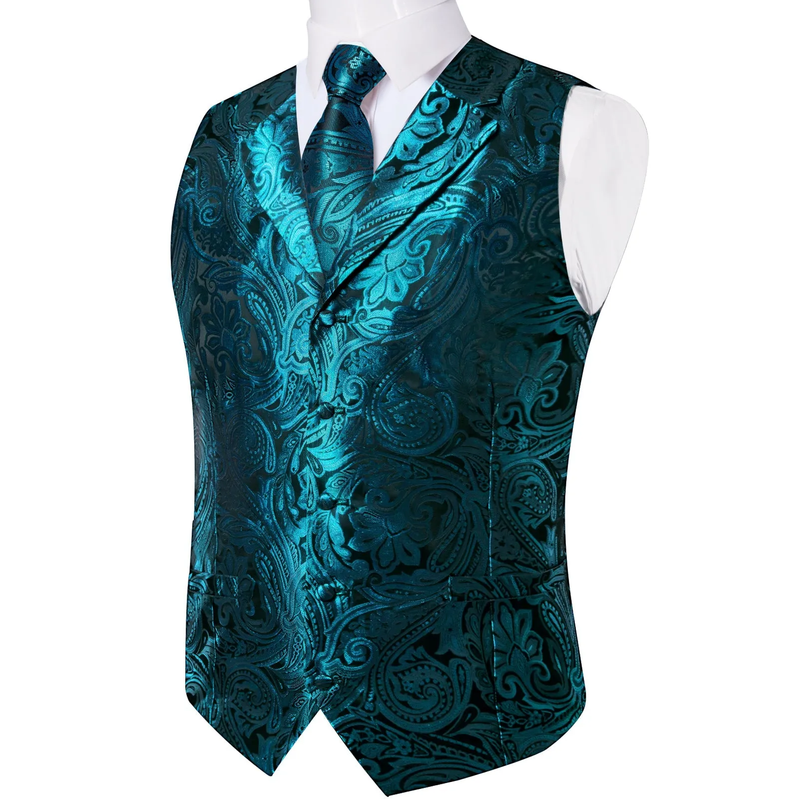 Teal Blue Paisley Men's Collar Vest Tie Hanky Cufflinks Set Waistcoat Suit Set