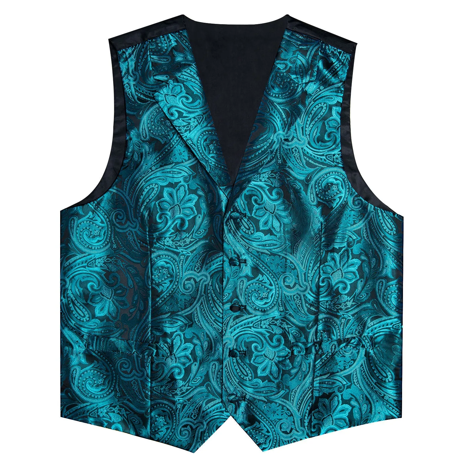 Teal Blue Paisley Men's Collar Vest Tie Hanky Cufflinks Set Waistcoat Suit Set