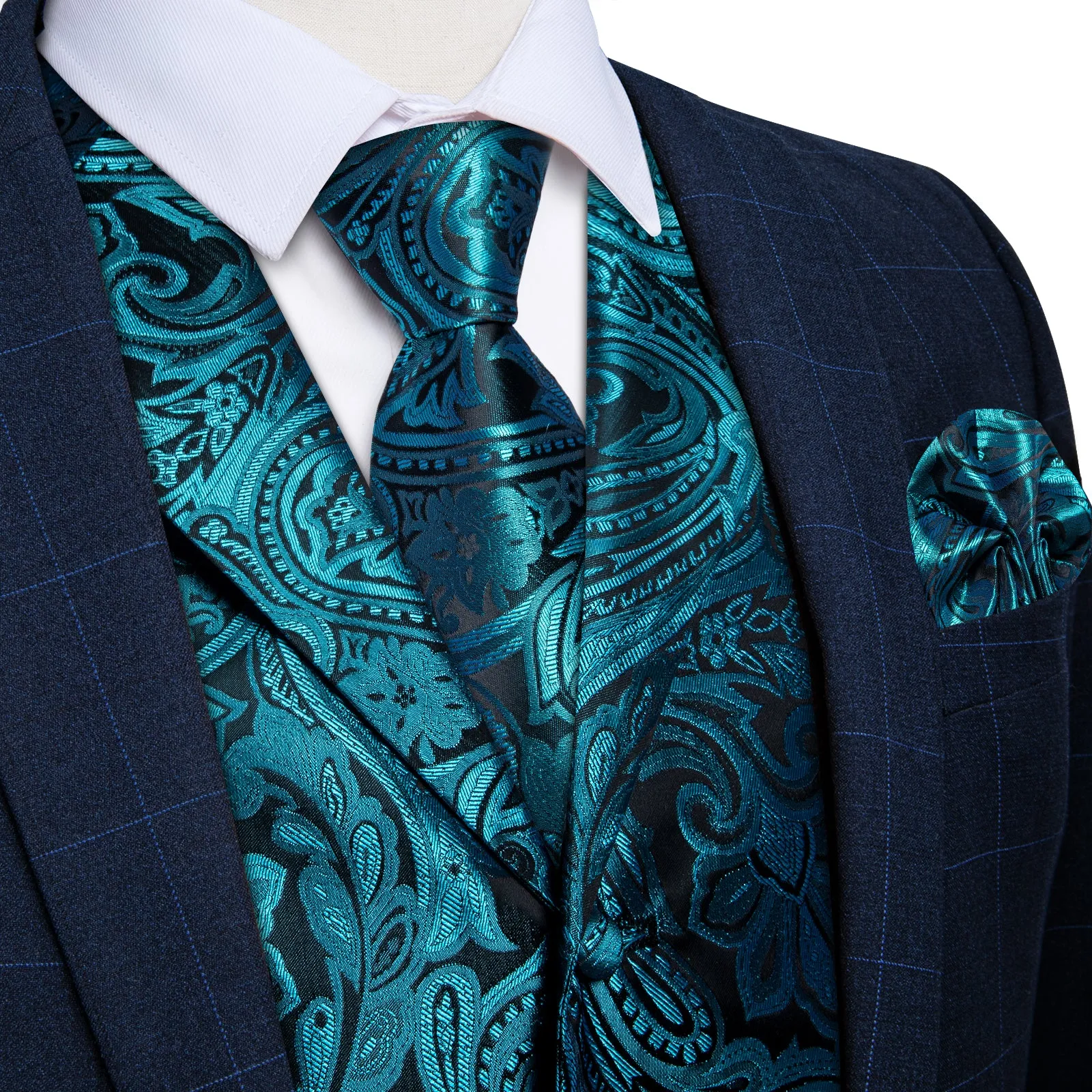 Teal Blue Paisley Men's Collar Vest Tie Hanky Cufflinks Set Waistcoat Suit Set