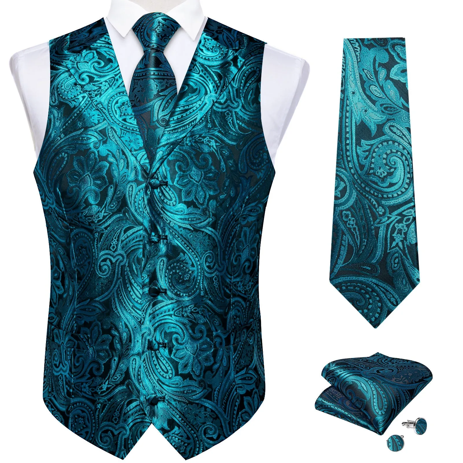 Teal Blue Paisley Men's Collar Vest Tie Hanky Cufflinks Set Waistcoat Suit Set