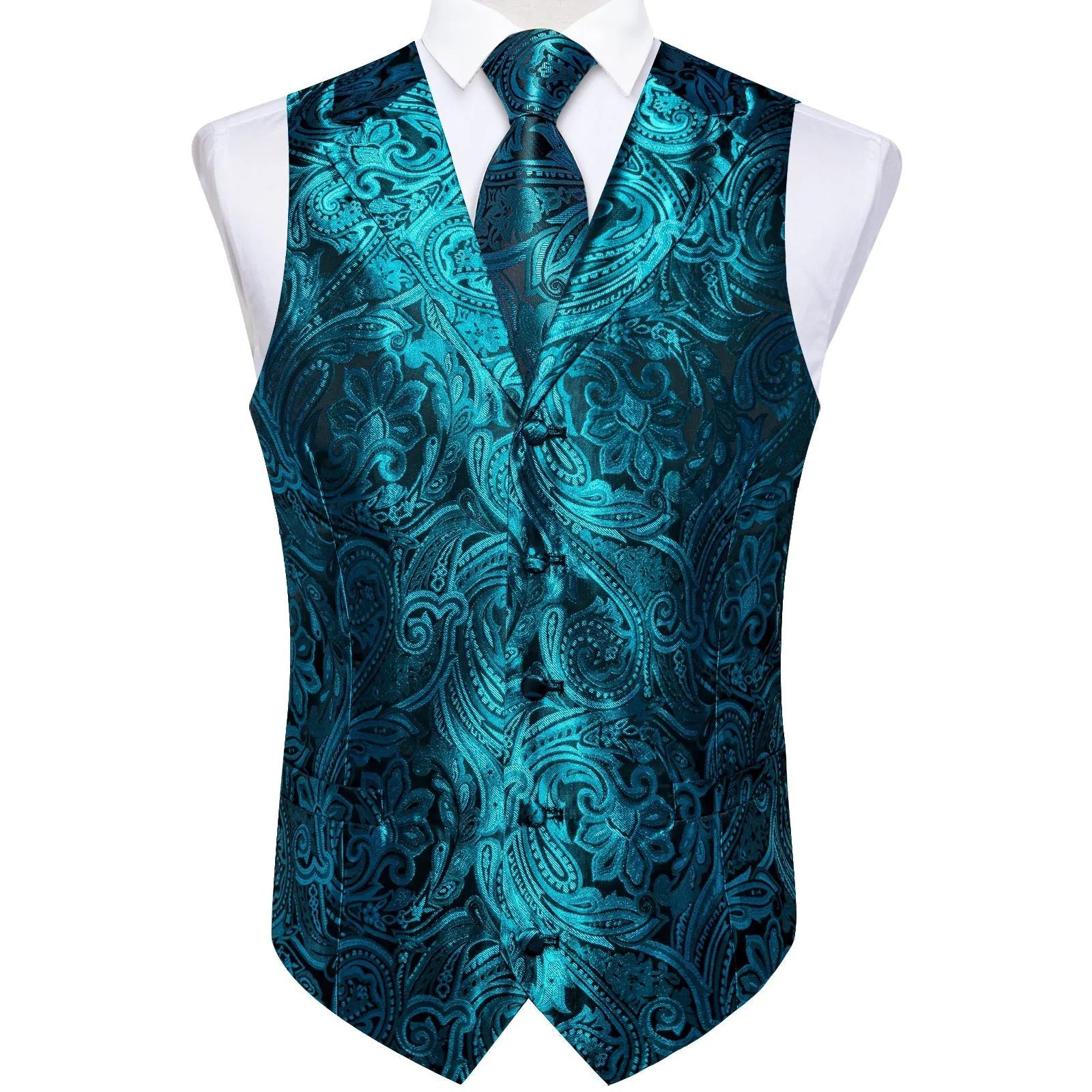 Teal Blue Paisley Men's Collar Vest Tie Hanky Cufflinks Set Waistcoat Suit Set