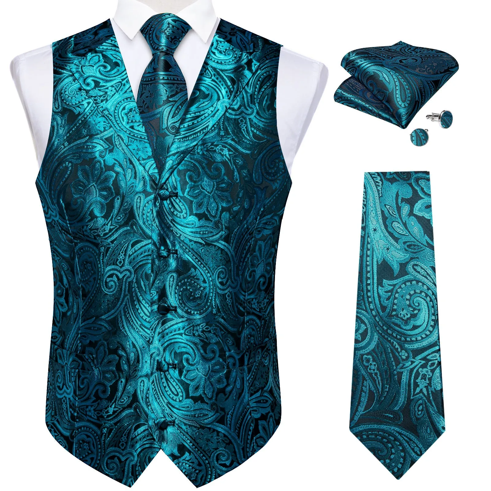 Teal Blue Paisley Men's Collar Vest Tie Hanky Cufflinks Set Waistcoat Suit Set