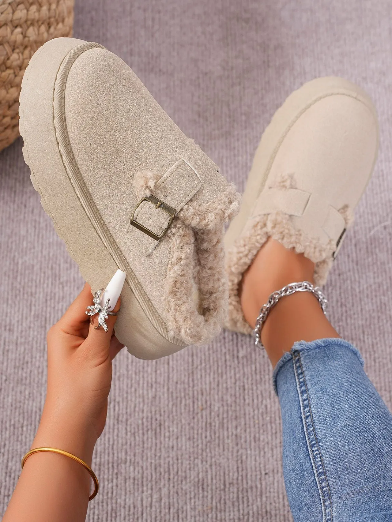 Thermal Fuzzy Buckle Platform Slip Ons