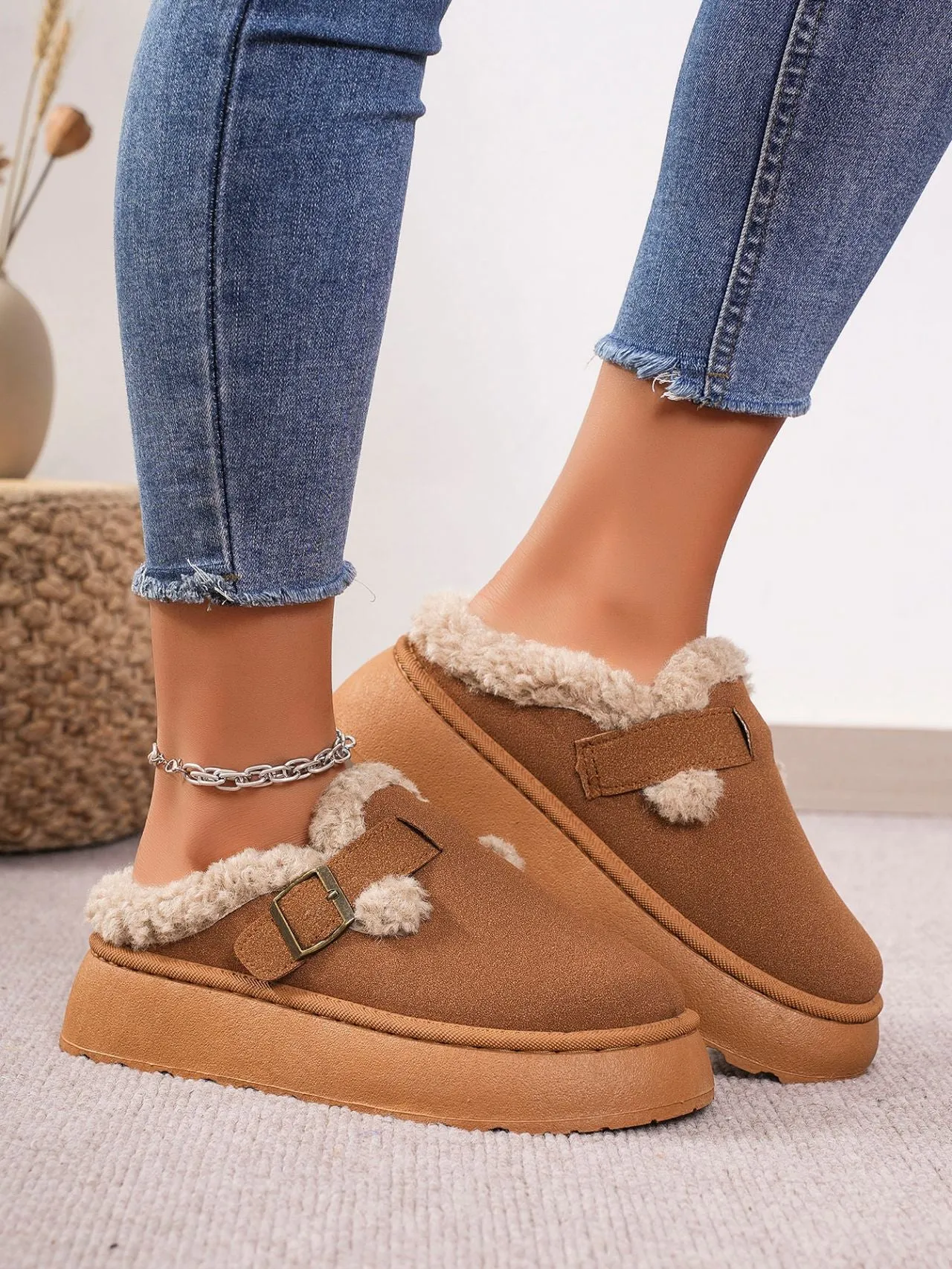 Thermal Fuzzy Buckle Platform Slip Ons