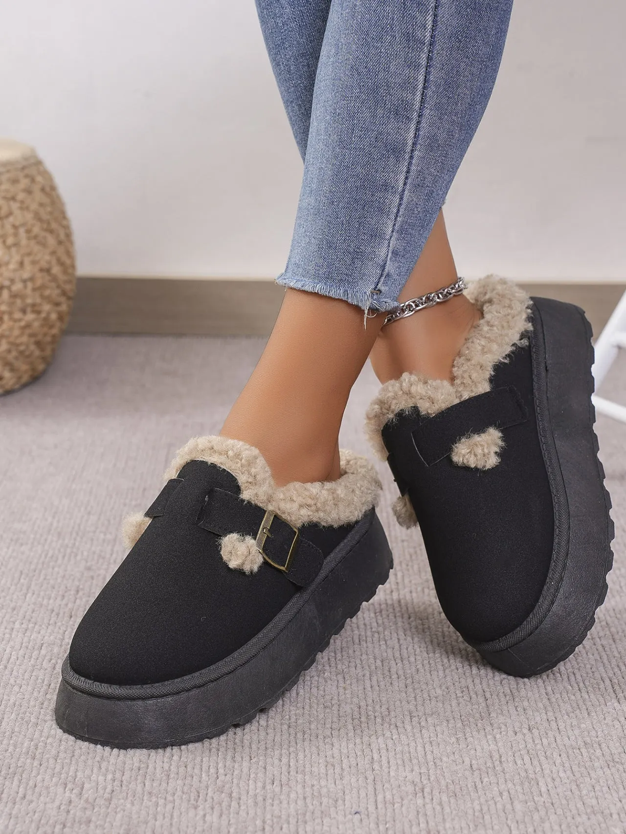 Thermal Fuzzy Buckle Platform Slip Ons