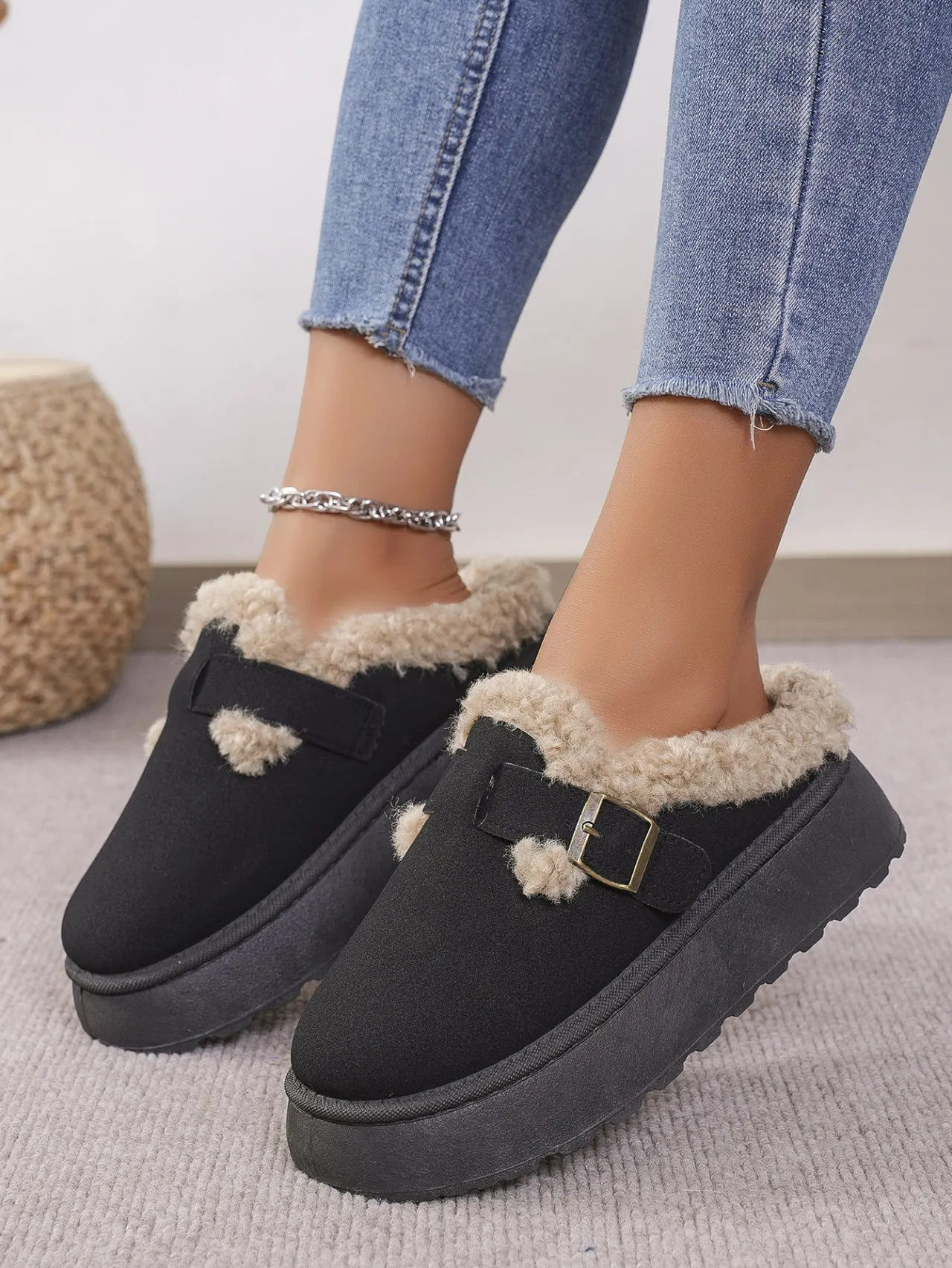 Thermal Fuzzy Buckle Platform Slip Ons