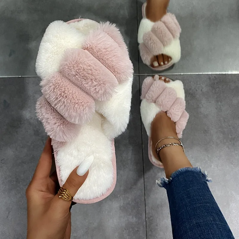 Thick Plush CrissCross Slippers for Women