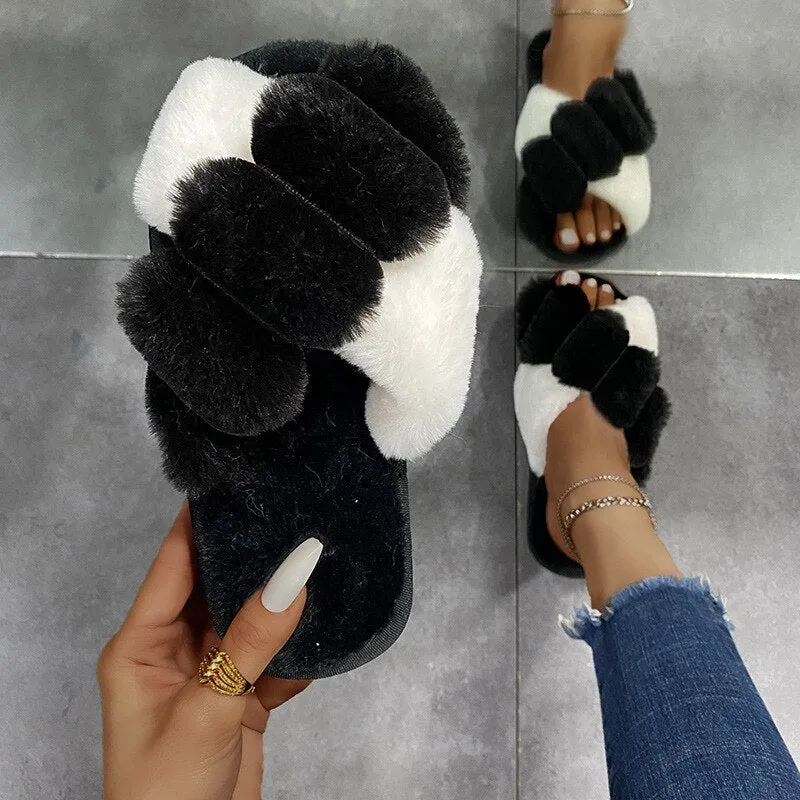 Thick Plush CrissCross Slippers for Women